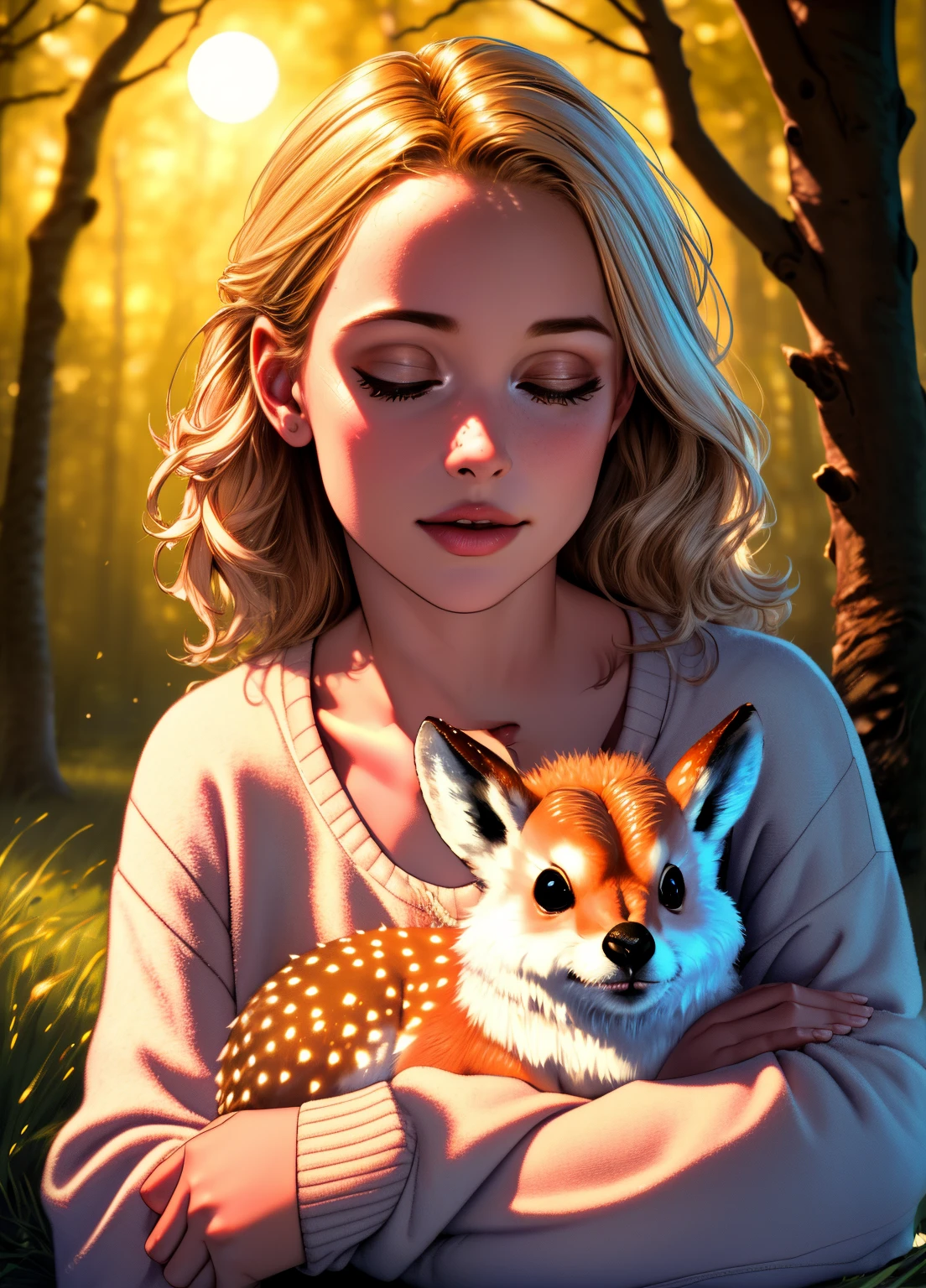 (best quality,4k,8k,highres,masterpiece:1.2),ultra-detailed,(realistic,photorealistic,photo-realistic:1.37),Enchanted forest,  girl illuminated by the soft moonlight,playful foxes,graceful fawns,adorable cubs,wise owls,cute bunnies,prickly hedgehogs gather under the celestial beauty,portraits,landscape,photography,vivid colors,warm tones,soft lighting,peaceful ambiance