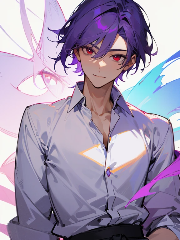 Ultra Detail,Haig Quality,sketch,1boy,matured male,Beautiful face,Purple hair,Handsome men,Pearl skin,White shirt,Red Eyes,Like a cat's eye,Male teenager,god's generation、Project Sekai、Smiling、Draw the body from head to waist、Facing straight ahead、frontage、Looking at the camera、Talking