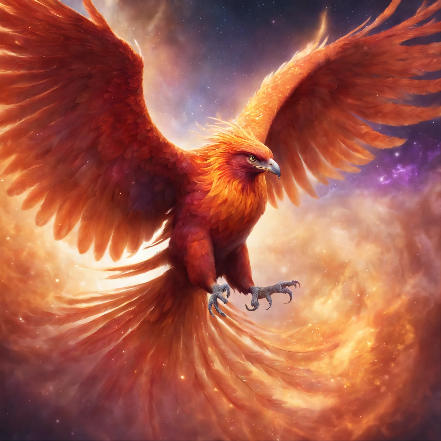 "A majestic phoenix, wings outstretched, soaring through a cosmic landscape. The feathers are a blend of vibrant reds, oranges, and purples, emitting a soft, ethereal glow. The phoenix is set against a backdrop of swirling galaxies and stars, with cosmic energy emanating from its body. The scene is cinematic and awe-inspiring, with the phoenix's full body captured in intricate detail. Medium: Illustration, Style: Expressive, Lighting: Cosmic glow, Colors: Vibrant, Composition: Full-body, Chaos: 50, Quality: 2, Aspect Ratio: 16:9."
