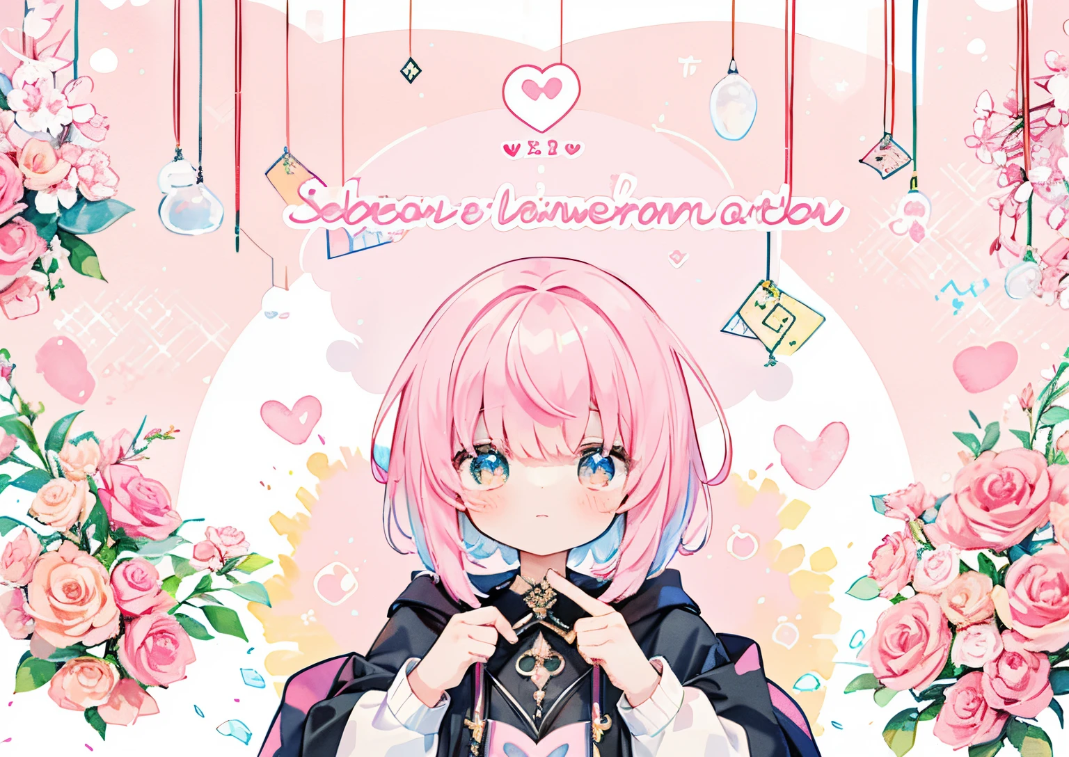 watercolor paiting、Pale pink、Message Cards、celebration、pink haired girl in the middle、short-hair、Transparent watercolor、(high-level image quality)、charactor、Glitter Heart、inky、blessings、charactor(Congratulations on 10 followers！)