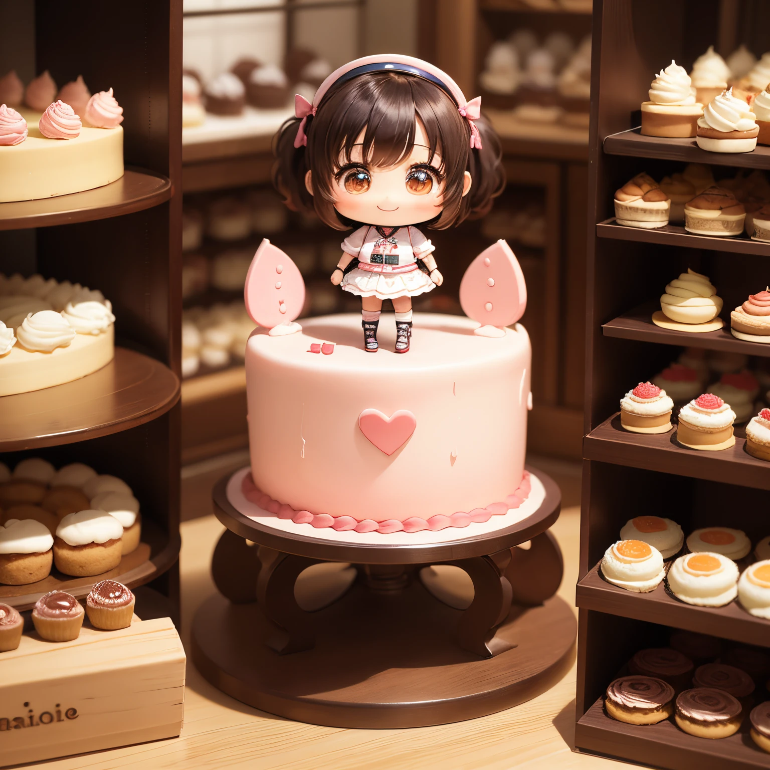 masterpiece、top-quality、ultra-detailliert、(Chibi Chara's Daughter:1.2)、Chibi cake shop clerk、many cakes in the showcase、a smile、Standing