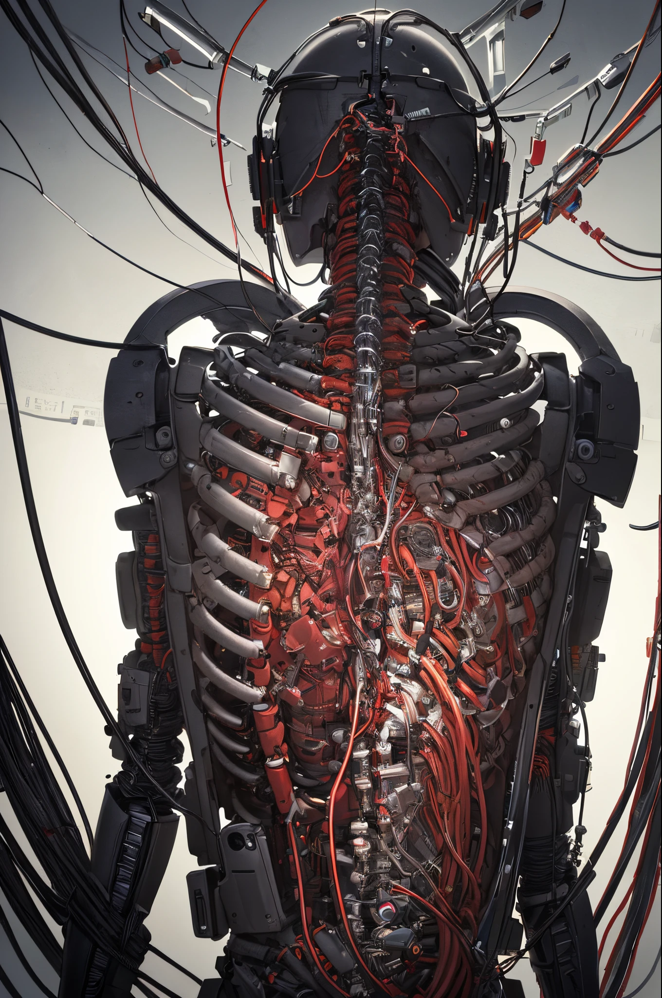 (((masterpiece))), ((best quality)), (ultra-detailed), (CG illustration), (an extremely devious and beautiful)), cinematic light, ((1 mechanical girl)), single, (machine-made joints: 1.4), ((mechanical limbs)), ( blood vessels attached to the tube), ((mechanical spine attached to the back)), ((mechanical cervical vertebrae attached to the neck), ((back to the viewer)), expressionless, (wires and cables attached to the head and body: 1.5), science fiction, the end times,