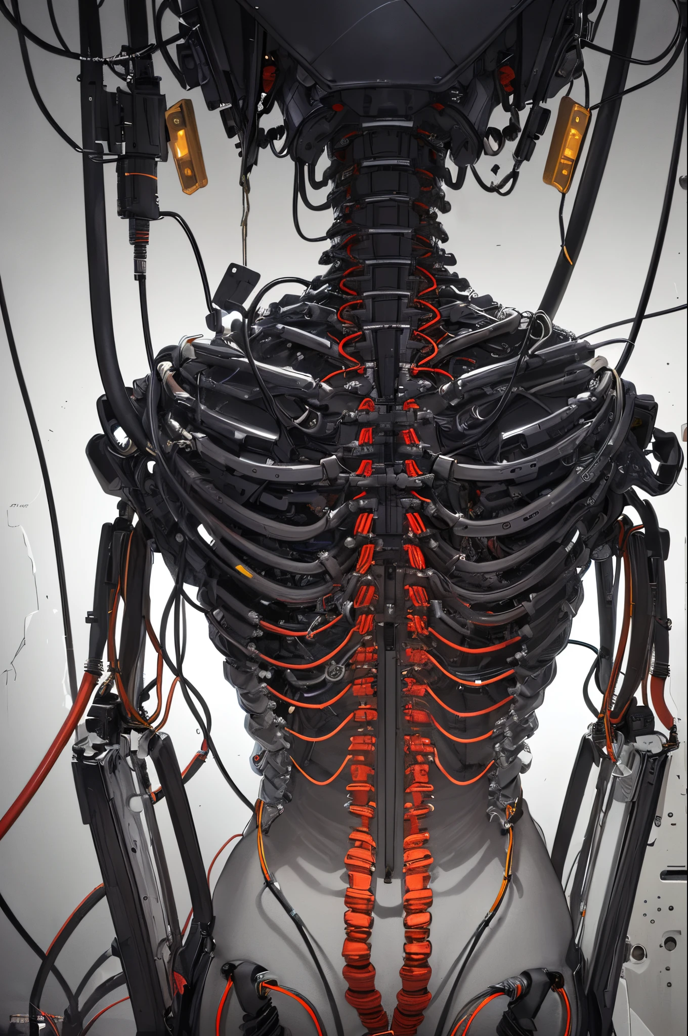(((masterpiece))), ((highest quality)), (Very detailed), (CG illustration), (So evil and beautiful)), Cinematic Light, ((1. Mechanical Girl)), single, (Mechanical Arts: 1.4), ((Mechanical Limbs)), (Blood vessel attached to a tube), ((Mechanical spine attached to the back)), ((Mechanical cervical spine attached to the neck), (Back to viewers)), Expressionless, ( Wires and cables connected to the head and torso: 1.5), sf, Apocalypse, What'Left behind, (Lower body integrated with mechanical device), (Blood: 1.5), Cruelty, Confused, eroticism, Integration with machines, The End Times, Super Future, inorganic, Research Room, constrained, (Beautiful luxury: 1.2), (1 girl: 1.3), Body wrapped around the tentacles of the machine、The lower body is mechanical