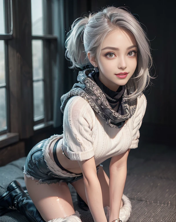 Masterpiece, 8K, photorealistic, ultra realistic, (1girl, solo),
_
the most beautiful, European Gravure idol, 24 years old, 170 cm, (((large breasts:1.2))), (((slender waist, toned thighs, toned arms):1.3)), ((small head, small face:1.2)), diamond Face, small nose, (small mouth), Sharp Faceline,
_
BREAK ((all fours)), dynamic angle, from below, look at viewer, Focus face,
_
(black theme and White), Inorganic, Inorganic concrete studio with window, small window, gray concrete block, highly, blur, blur background, front lightning, Cinematic lighting,
_
BREAK ((big eyes, Double eyelid, tareme, droopy eyes):1.3), ((smile, small lips, teeth:1.3)), (mole under eye:1.2), (Perl White teeth), ((gray hair)), short hair, asymmetrical hair, (ponytail),Aqua eyes, light makeup, thin eyebrow, shiny skin, detailed skin, detailed face, perfect eyes, detailed eyes, shiny hair,
_
BREAK ((Quilted Puffer Coat with Faux Fur Hood, A knee-length quilted puffer coat in a neutral color like olive or navy, Faux fur-lined hood for added warmth and style, Wear with a chunky knit scarf and knee-high boots for a winter-ready outfit)), (silver earring, silver bracelet, silver necklace:1.2), raw photo,