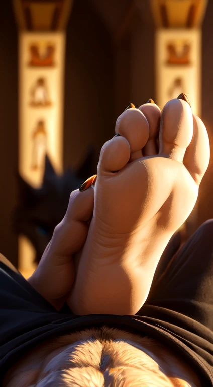 suggestive content, highres, super high resolution, beautiful details, beautiful eyes, depth of field, solo focus, detailed background, high quality, good lighting, high res, (((masterpiece))), 8k, depth of field, ray tracing, detailed background, soles, lighting, detailed face and body, detailed lighting, [cinematic lighting], [backlighting], [detailed ambient light], [gray natural lighting], [sharp focus], solo,
Deathwolf, Death Wolf, death_(n_boots), black sclera, red eyes, male anthro wolf furry, canid, canine, werewolf, muscular, hunk, handsome, sexy, beefcake, stud, seductive expression,
(Standing in an egyptian palace castle), (close up, extreme close up), (headshot):1.3, (wearing black poncho, black cloak),
(detailed fluffy fur, fluffy, detailed fur):1.2, [tuft, neck tuft, neck fluff, tufted fur, fur tuft, inner ear fluff],
by darkgem, by honovy, by spectrumshift, by tarakanovich, by zourik, feet, pov of soles, foot focus, soles, four toes, footjob, perfect soles, good looking feet, perfect toes, footjob domination, black toeclaws, bottom of feet, point of view of the bottom of feet, soles focus, propping feet up, (feet pointing up showing soles), black baggy pants, footjob,  cock between both feet