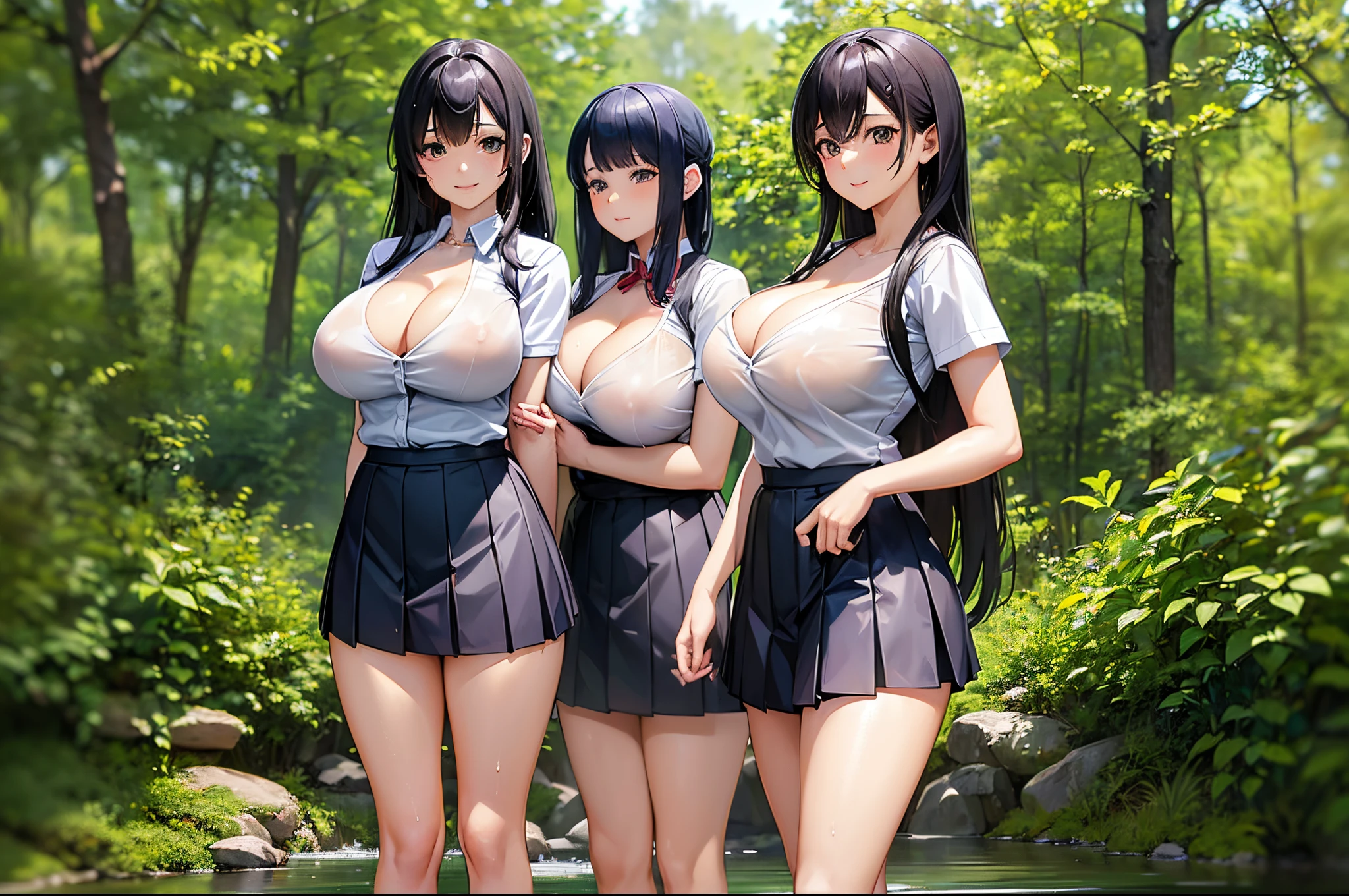 ((Three anime black-haired naughty girls in uniform are wearing naughty clothes and playing by the water)), Ecchi anime style, anime moe art style, Smooth Anime CG Art, Anime Girls, Kantai Collection Style, Ecchi style, Realistic Schoolgirl, Ecchi, a hyperrealistic schoolgirl, a hyperrealistic schoolgirl, beautiful anime high school girl, realistic anime 3 d style, visual novel cg、((Erotic))、((very huge erotic boobs))、((cleavage of the breast))、huge smile、A smile、seductiv、((Clothes are wet))、((teats))、Big forest、verdant、Green grass、Soothing、((perspiring))、、Bukkake、waterside,((Anime girl in uniform)), Ecchi anime style, anime moe art style, Smooth Anime CG Art, Anime Girls, Kantai Collection Style, Ecchi style, Realistic Schoolgirl, Ecchi, a hyperrealistic schoolgirl, a hyperrealistic schoolgirl, beautiful anime high school girl, realistic anime 3 d style, visual novel cg、tits out、((Breasts as big as a lie))、((cleavage of the breast))、((Happy smile))、((in beautiful woods))、((Detailed Touch))、((Sharp Touch))、((A hyper-realistic))、((Detailed image quality))、((Beautiful picture quality like a photo))、((Top image quality))、((ssex))