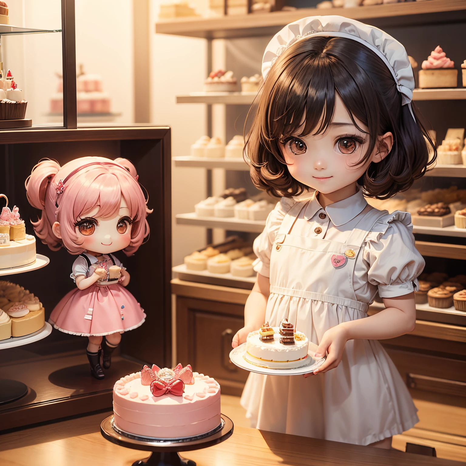 ​masterpiece、top-quality、ultra-detailliert、(Chibi Chara's Daughter:1.2)、Chibi cake shop clerk、There are many cakes lined up in the showcase、A smile、Standing