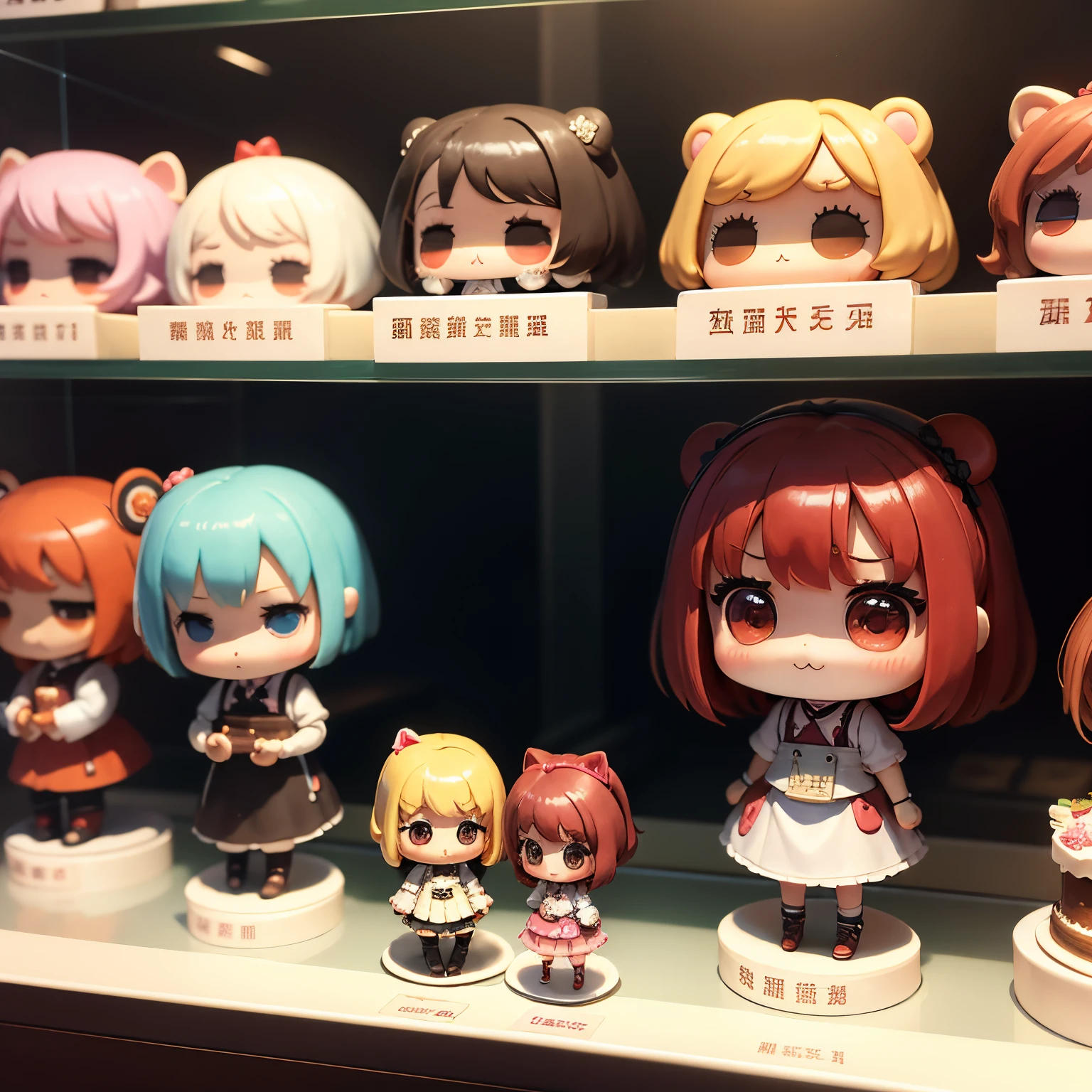 masterpiece、top-quality、ultra-detailliert、(Chibi Chara's Daughter:1.2)、Chibi cake shop clerk、There are many cakes lined up in the showcase、A smile、Standing