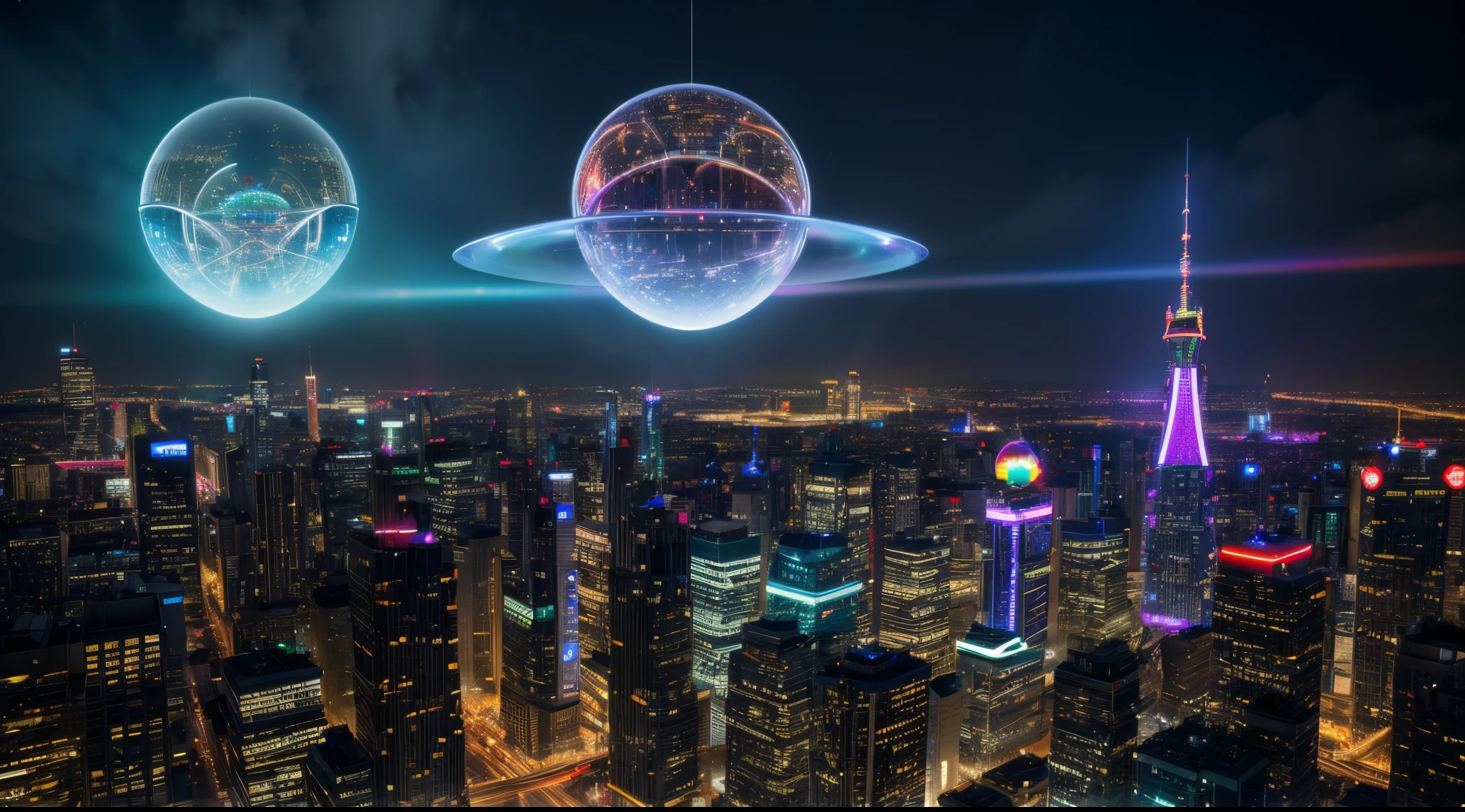 Imagine Santa Claus and his reindeer sleigh in a futuristic cityscape。. Rainbow-colored plasma fractals illuminate towering skyscrapers and flying vehicles. Bubbles take the form of high-tech energy spheres, And the scene is enveloped in the glow of neon lights..