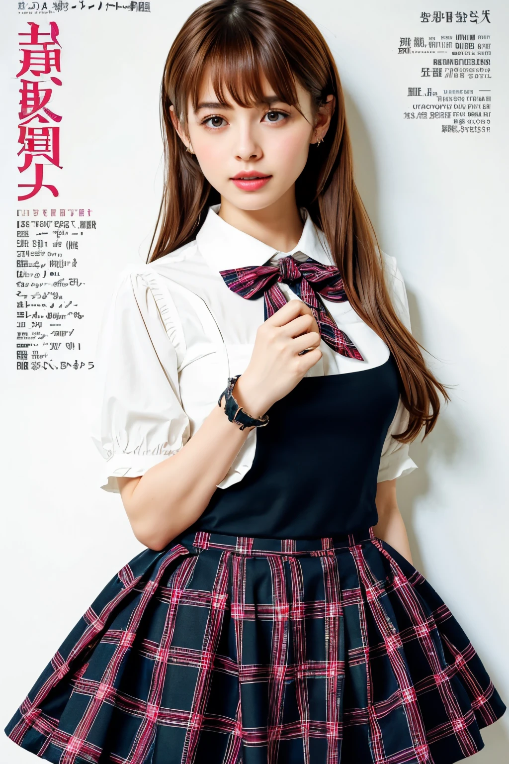 masterpiece, best quality, full body, 1girl, bangs, black choker, black necktie, black hair, blue skirt, blush, bracelet, breasts, choker, clothes around waist, collarbone, collared shirt, cowboy shot, dress shirt, ear piercing, eyebrows visible through hair, gradient hair, grin, gyaru, jewelry, kogal, long hair, looking at viewer, loose necktie, necktie, piercing, plaid, plaid skirt, pleated skirt, red eyes, ring, school uniform, shirt, skirt, smile, solo, white shirt, street, sky, cherry blossoms, petals,illustration, (magazine:1.4), (cover-style:1.3), fashionable, woman, vibrant, outfit, posing, front, colorful, dynamic, background, elements, confident, expression, holding, statement, accessory, majestic, coiled, around, touch, scene, text, cover, bold, attention-grabbing, title, stylish, font, catchy, headline, larger, striking, modern, trendy, focus, fashion,