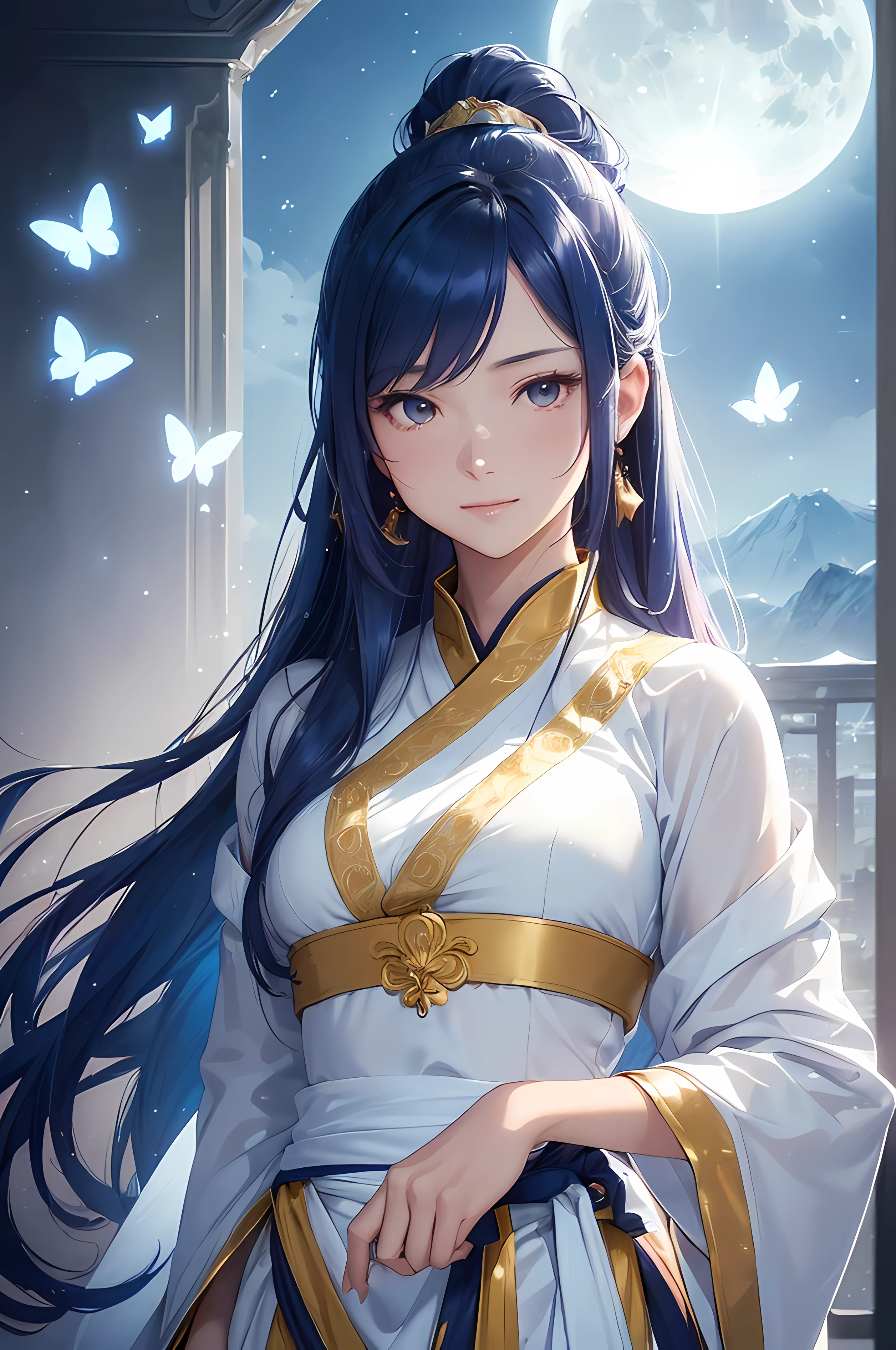 A beautiful woman, ((( golden hanfu, blue moon, blue moonlight))), ((perfect body figure, beautiful face, beautiful face, milf, age 46, royal, soft blue color hair, ponytail hair style, beautiful skin, Extremely details hair, fine details)), (((cinematic lighting, beautiful lighting effect, creative design, full body frame, divine aura, hard harmony , shining moonlight, perfect color transition, perfect balance of contrast, perfect color layer, perfectly smooth color blur, soft rendering, smooth color stroke, moon glare, optic lens, moonlight ray, soft colors, smooth colors blend, perfect color rendering, harmony, perfect color harmony, beautiful color, soft harmony, light particles, perfect details, intricate details, color prism, fine details, refine details))), Tachibana Omina art style, affectionate eyes, half a smile, slightly open mouth, a gentle expression on his face, top of mountain, breeze and moonlight in the background, butterflies in the sky, realism, ((Best quality))),8k,((Masterpiece)),(Extremely refined and beautiful)