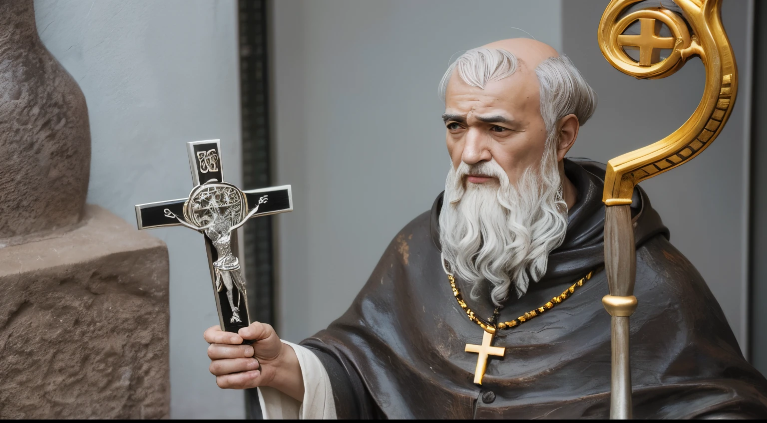 Arafed statue of a man with a cross and a cross, Santo ortodoxo, christian saint rosace, christian saint, portrait of saint of the pit, imaculadamente detalhado, Monge ucraniano, santo, santo, Catholic, Santo de ouro bonito, saint of the pit, Detalhe intrincado, NPC com um santo\halo do, excelente detalhe