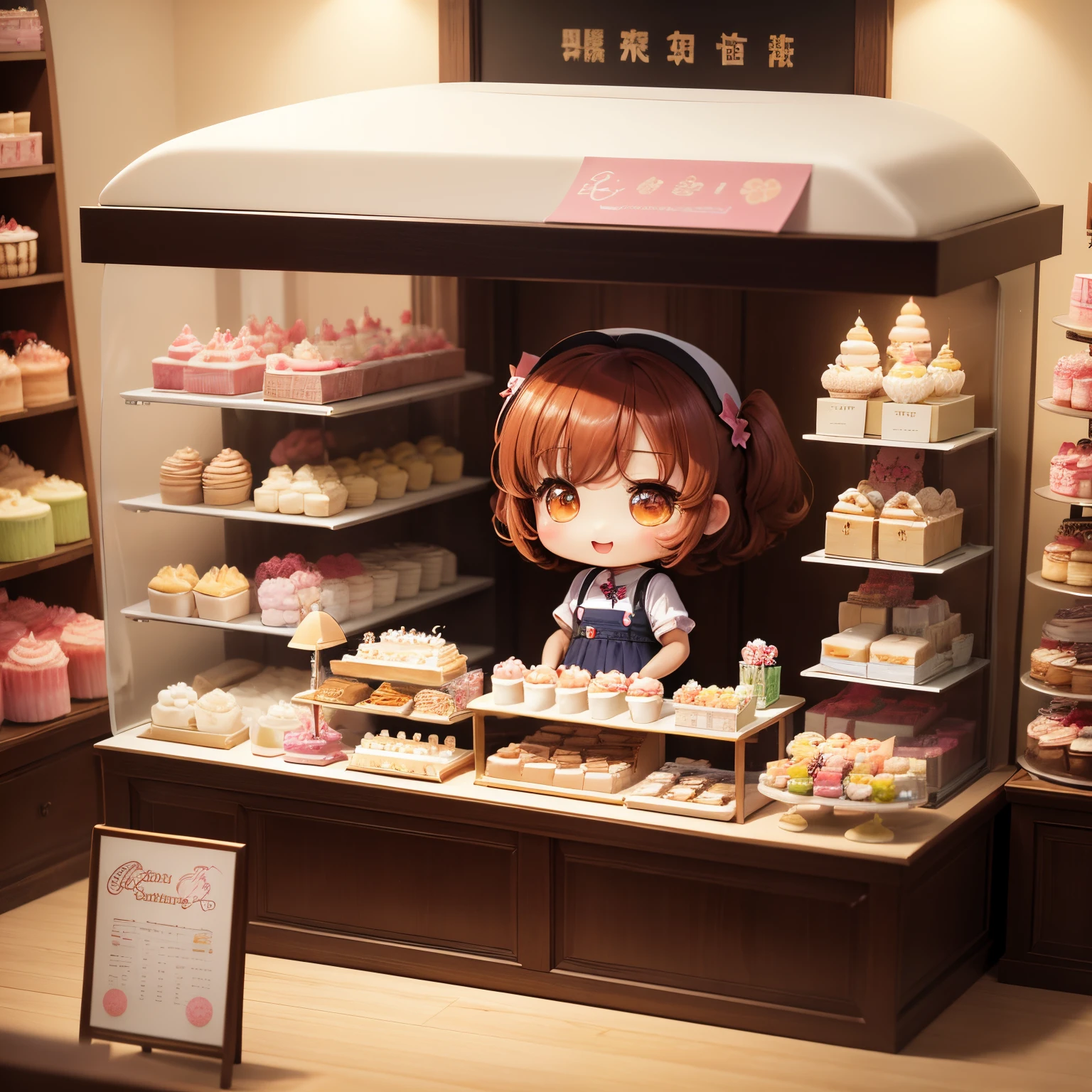 ​masterpiece、top-quality、ultra-detailliert、(Chibi Chara's Daughter:1.2)、Chibi cake shop clerk、There are many cakes lined up in the showcase、Open your mouth and smile、Standing
