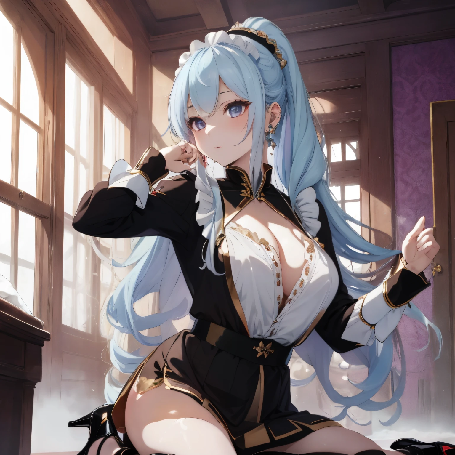 An aristocratic mansion lined with luxurious furniture,royal family,tome&#39;A lot of light is pouring down and shining,fluffy hair,pale gold mixed hair, White and light blue,rainbow-colored hair,Dango Hair,Her chest is wide open and you can see her cleavage.,drooing eyes,loose and luxurious clothes,voluminous maid uniform,long-sleeve,piercings,Slightly red tide,Pleasant face,Petals dance in the room,ecstacy,Bridge,Inabauer,Kamimei,cute and gorgeous pose.,stiletto pump shoes,