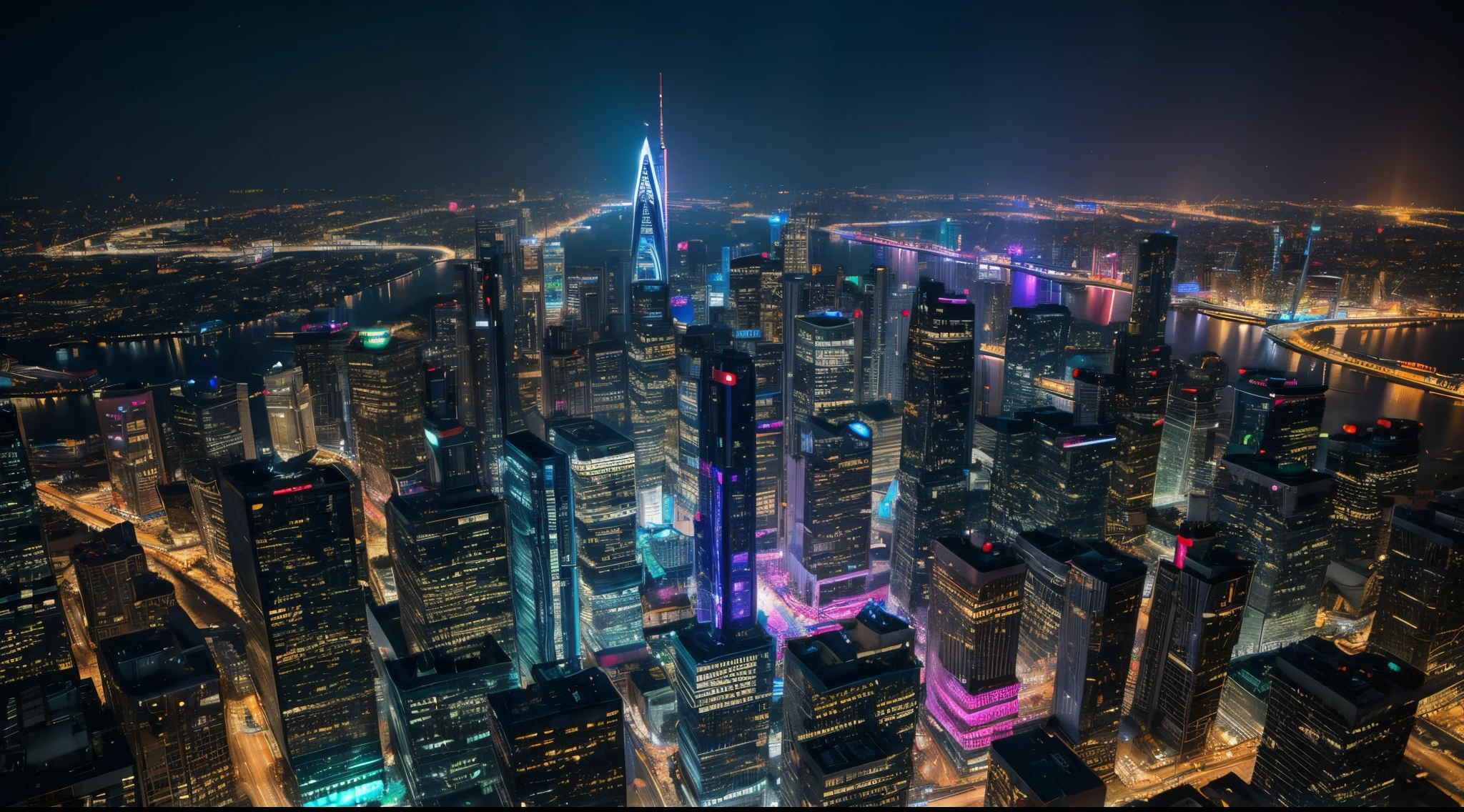 Imagine Santa Claus and his reindeer sleigh in a futuristic cityscape。. Rainbow-colored plasma fractals illuminate towering skyscrapers and flying vehicles. Bubbles take the form of high-tech energy spheres, And the scene is enveloped in the glow of neon lights..
