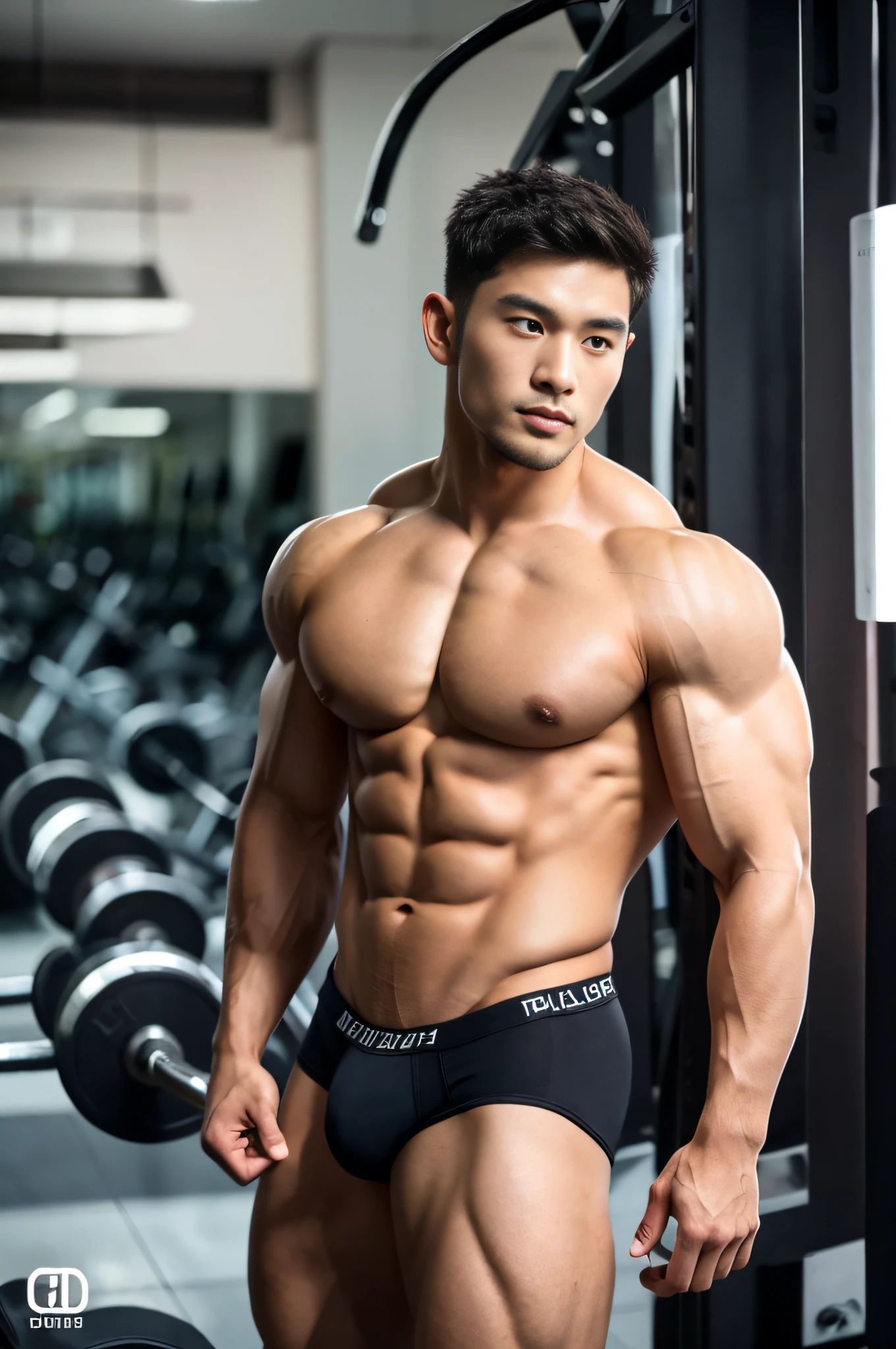 Masterpiece, Best quality, Solo, Korean man, gym background, bodybuilder, muscle body, big muscle, Natural eyes, large bulge, short detailed hair, Sexy guy, looking at viewert, black Brief, triangular men's underwear, standing
