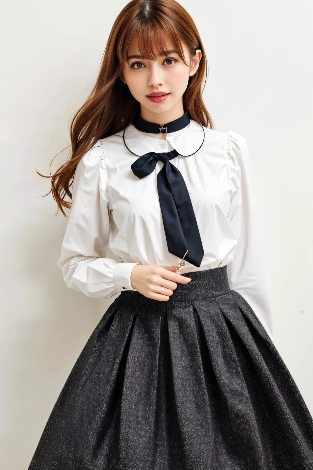 masterpiece, best quality, full body, 1girl, bangs, black choker, black necktie, black hair, blue skirt, blush, bracelet, breasts, choker, clothes around waist, collarbone, collared shirt, cowboy shot, dress shirt, ear piercing, eyebrows visible through hair, gradient hair, grin, gyaru, jewelry, kogal, long hair, looking at viewer, loose necktie, necktie, piercing, plaid, plaid skirt, pleated skirt, red eyes, ring, school uniform, shirt, skirt, smile, solo, white shirt, street, sky, cherry blossoms, petals,illustration, (magazine:1.4), (cover-style:1.3), fashionable, woman, vibrant, outfit, posing, front, colorful, dynamic, background, elements, confident, expression, holding, statement, accessory, majestic, coiled, around, touch, scene, text, cover, bold, attention-grabbing, title, stylish, font, catchy, headline, larger, striking, modern, trendy, focus, fashion,