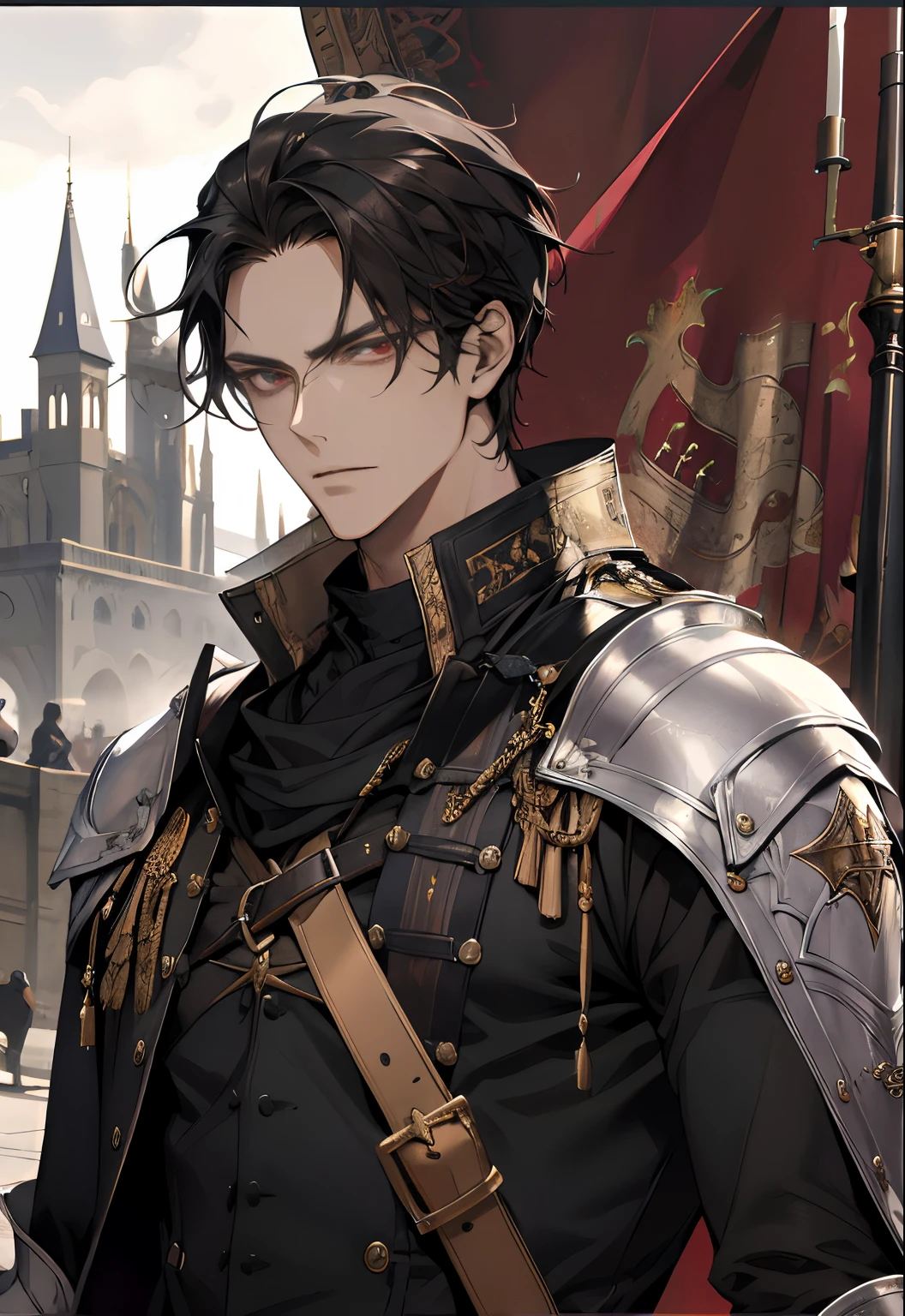 male, mature, adult, condescending dark red eyes, sharp glare