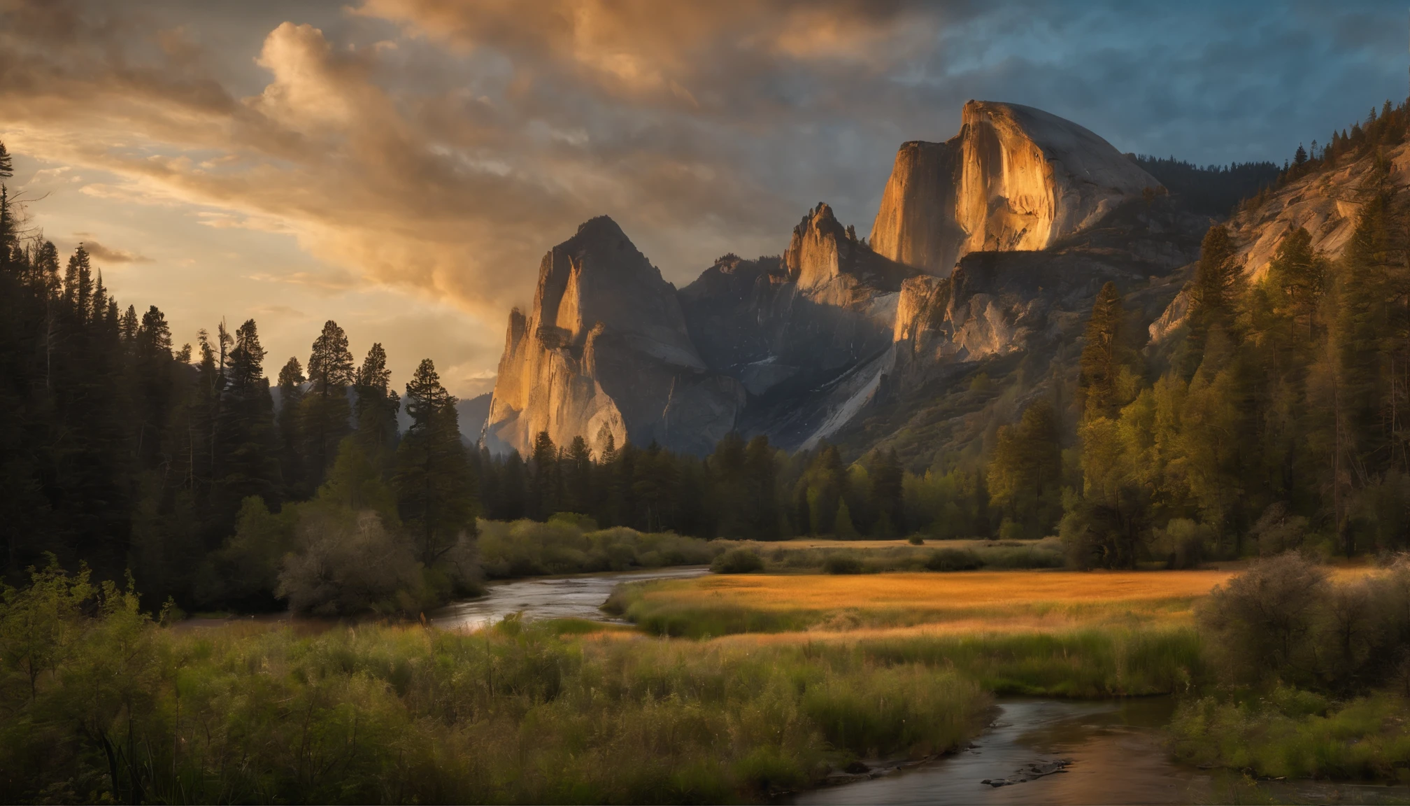 hyper-realistic image, low-angle 8K HD natural photo, painting of a mountain scene with a river and a valley, a matte painting by Albert Bierstadt, CG Society Competition Winner, Hudson River School, Albert Bierstadt 4 thousand, Alberto Bierdstadt, Alberto Bierstadt Greg Rutkowski, Albert Bierstadt and Artgerm, Bierstadt , Yosemite Valley, Edwin's Church, Sunset in a Valley, Yosemite