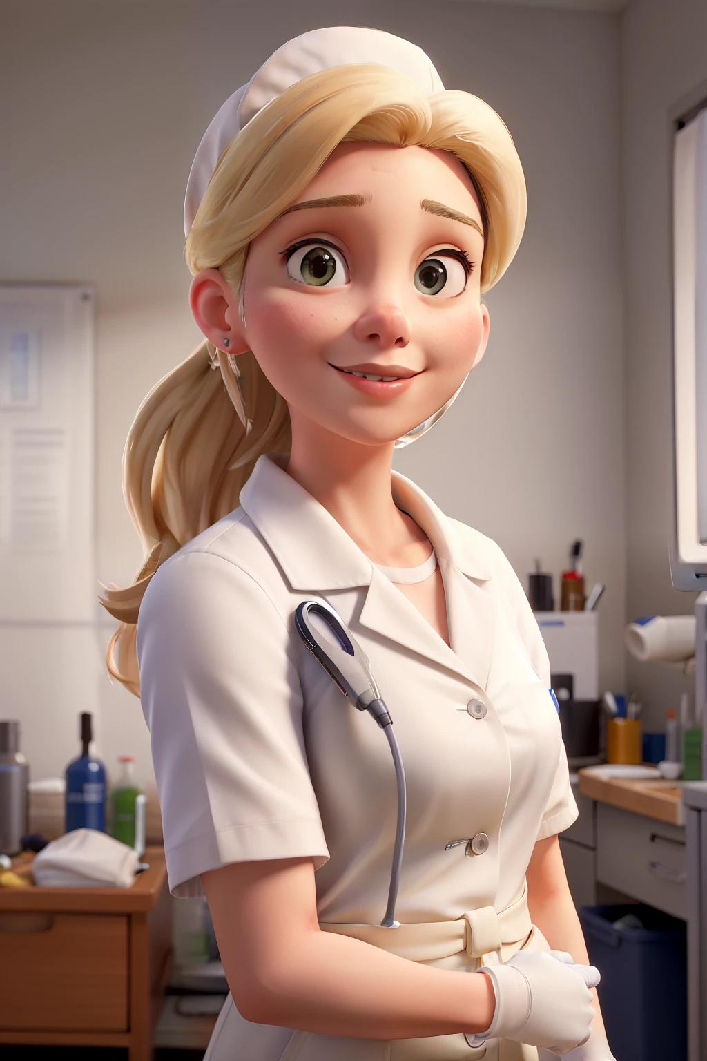(best quality,masterpiece:1.2),blonde Nurse,white Nurse outfit,surgical mask,putting on gloves in hospital,professional,realistic lighting,detailed hands,medical equipment,sterile environment,doctor in the background,natural pose,serene expression,ultra-detailed,accurate portrayal,crisp focus,vivid colors,surgical room,medical procedure,caring profession, modern healthcare,life-saving,highres.