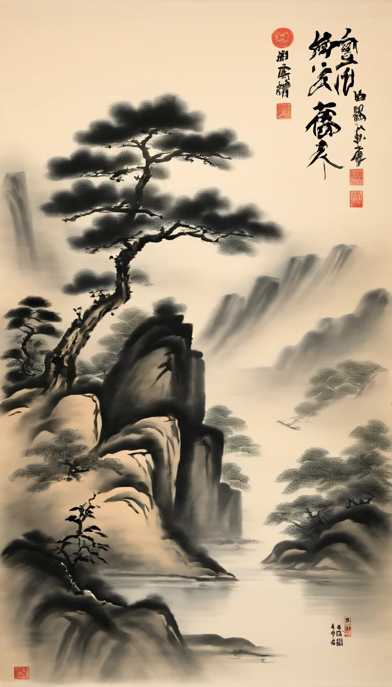 Chinese figure landscape painting,Ink painting and watercolor,Ancient figures,man,The scholar,Lao Tzu,disciple,ink,Faraway view,Ultra-wide viewing angle,meticuloso,Low saturation in distant view,low-contrast,Beautifully depicted,Acura,Works of masters,tmasterpiece