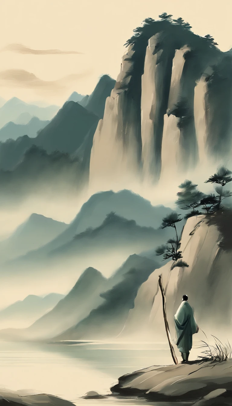 Chinese figure landscape painting,Ink painting and watercolor,Ancient figures,man,The scholar,Lao Tzu,disciple,ink,Faraway view,Ultra-wide viewing angle,meticuloso,Low saturation in distant view,low-contrast,Beautifully depicted,Acura,Works of masters,tmasterpiece