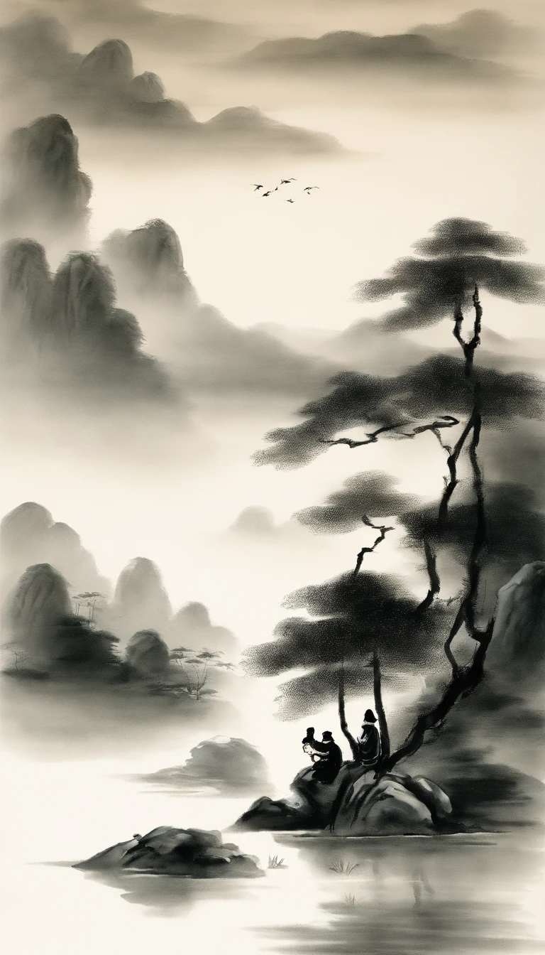Chinese figure landscape painting,Ink painting and watercolor,Ancient figures,man,The scholar,Lao Tzu,disciple,ink,Faraway view,Ultra-wide viewing angle,meticuloso,Low saturation in distant view,low-contrast,Beautifully depicted,Acura,Works of masters,tmasterpiece