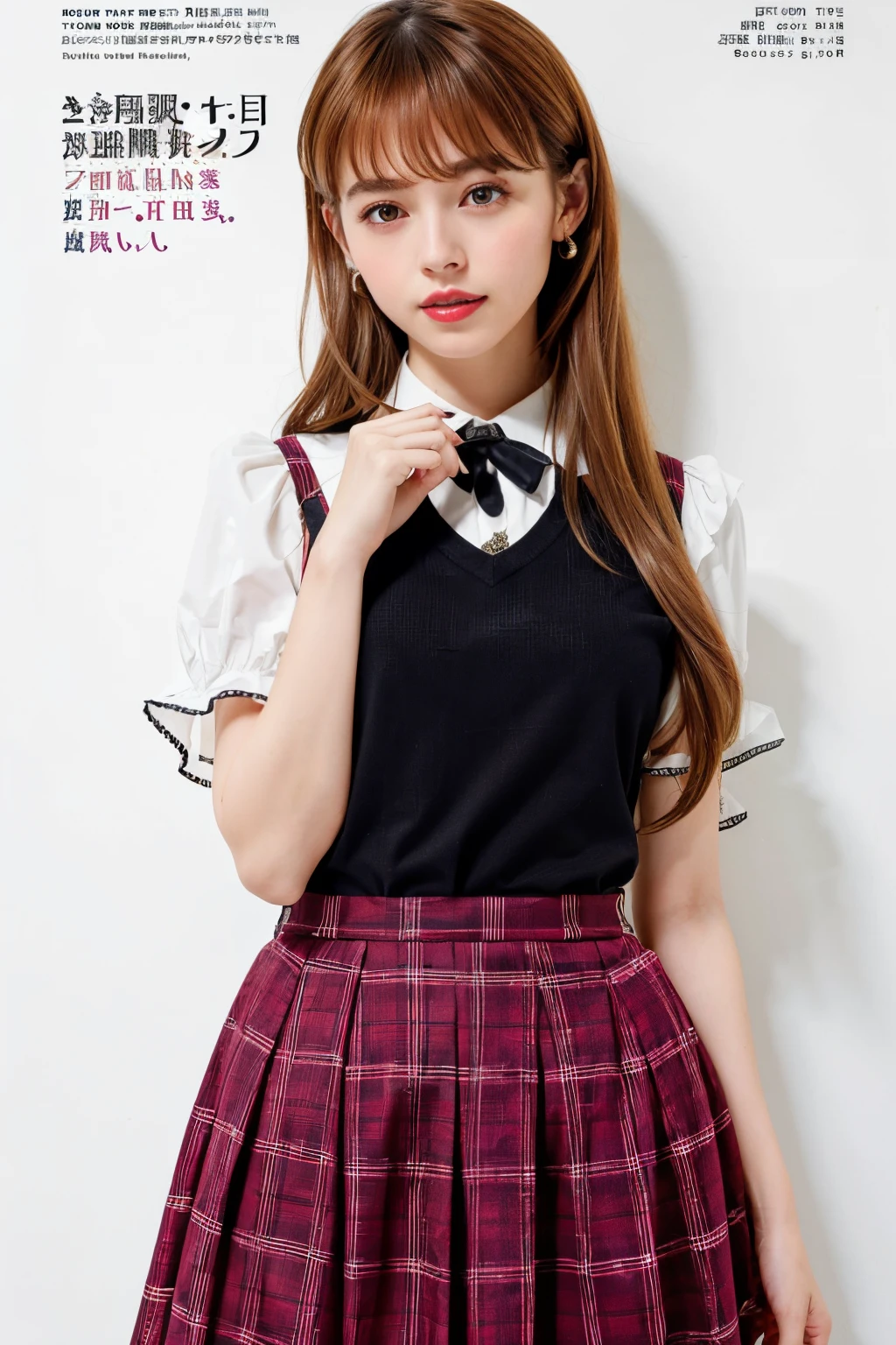 masterpiece, best quality, full body, 1girl, bangs, black choker, black necktie, black hair, blue skirt, blush, bracelet, breasts, choker, clothes around waist, collarbone, collared shirt, cowboy shot, dress shirt, ear piercing, eyebrows visible through hair, gradient hair, grin, gyaru, jewelry, kogal, long hair, looking at viewer, loose necktie, necktie, piercing, plaid, plaid skirt, pleated skirt, red eyes, ring, school uniform, shirt, skirt, smile, solo, white shirt, street, sky, cherry blossoms, petals,illustration, (magazine:1.4), (cover-style:1.3), fashionable, woman, vibrant, outfit, posing, front, colorful, dynamic, background, elements, confident, expression, holding, statement, accessory, majestic, coiled, around, touch, scene, text, cover, bold, attention-grabbing, title, stylish, font, catchy, headline, larger, striking, modern, trendy, focus, fashion,