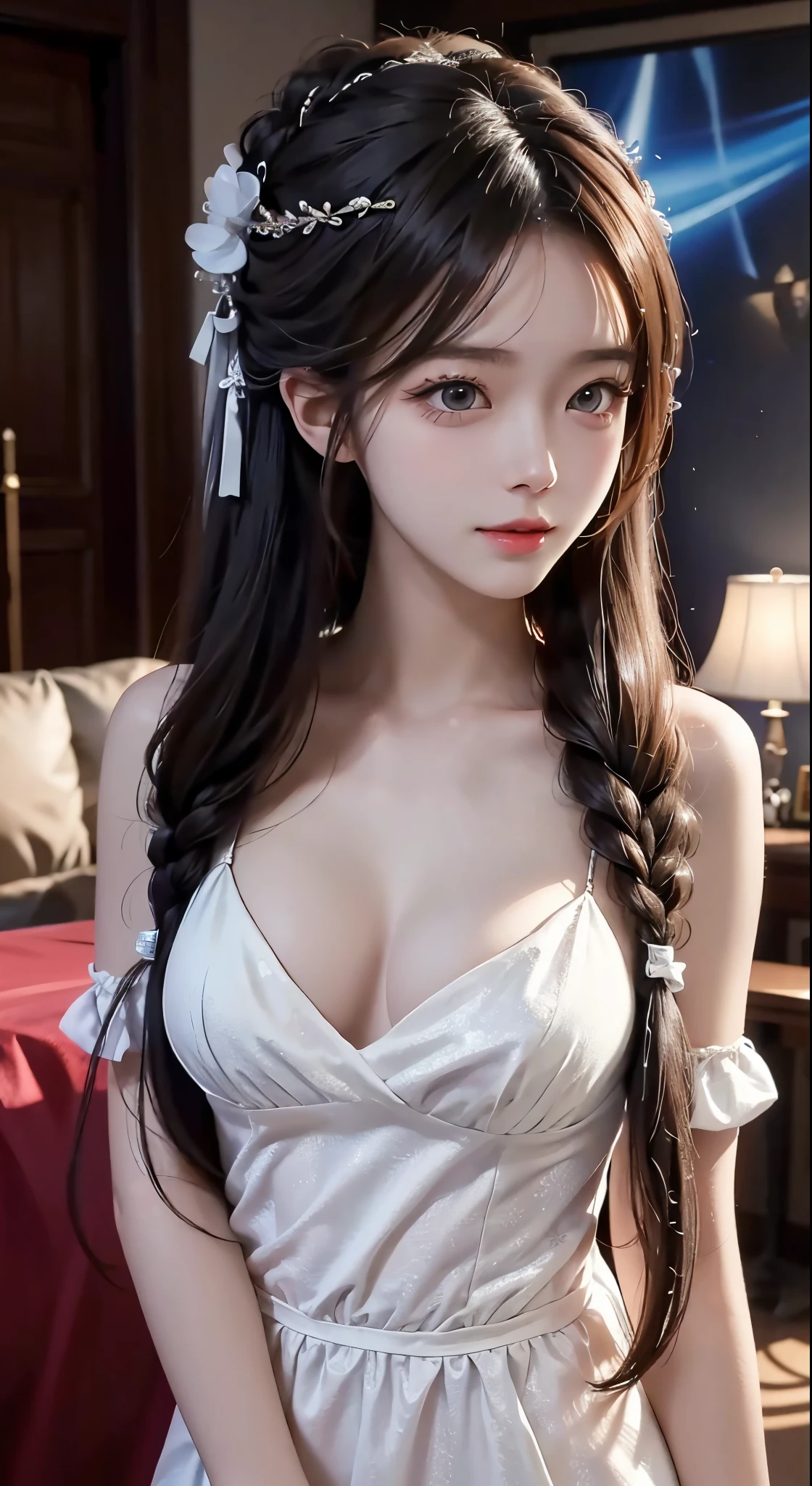 8K Ultra HD, masutepiece, Best Quality, beautiful  Girl, Long hair, Impressive hairstyle, beautiful hair decoration, 17 years old girl, ssmile, A sexy, lighting like a movie