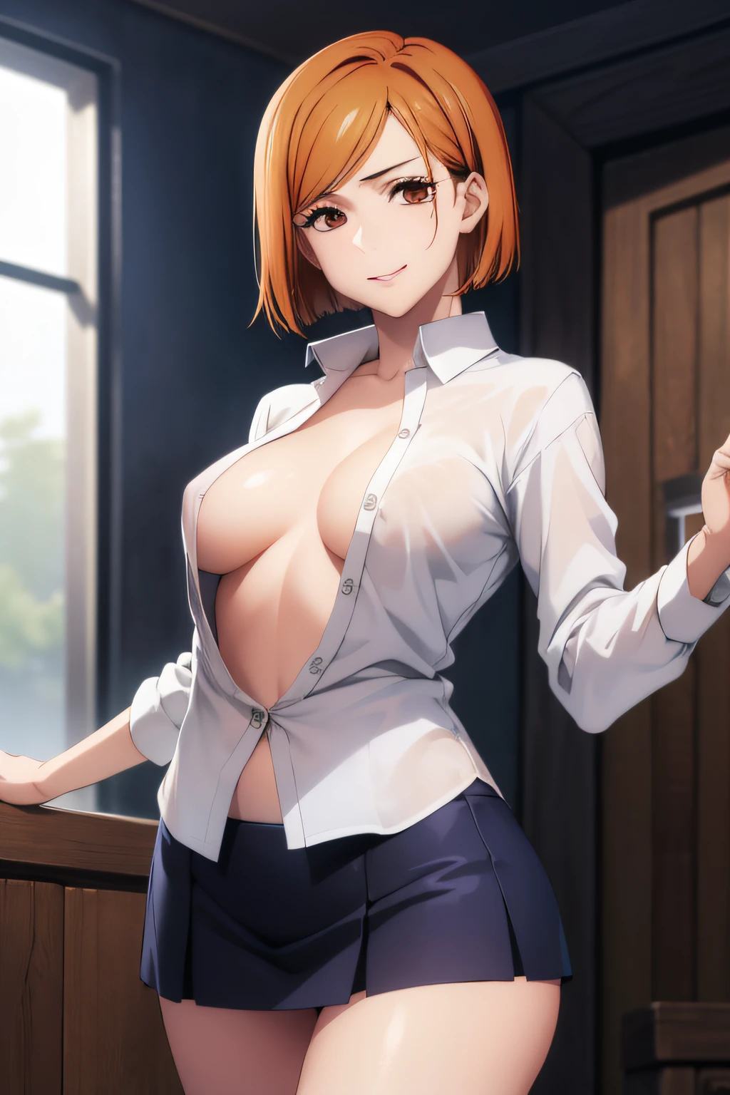 (masterpiece), (best quality), (ultra-detailed), (best illustration), (best shadow), (absurdres), nobarakugisakinova, 18yo,smile,short hair, orange hair, ((brown eyes)), kugisaki nobara, Mole under the outer edge of the eye, medium breasts, Open shirt buttons ,no bra, Open mini skirt, Sexy and seductive supine pose,