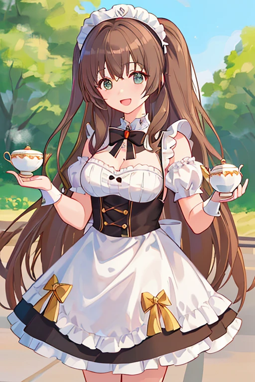 (8K、top-quality、top-quality、masterpiece、ighly detailed: 1.2)、 1 人、The upper part of the body、A woman has an (Margot Robbie) Similar to、She is wearing a maid costume and holding a teacup to entertain people.、full of shyness、half laugh、at noon、 frombelow、brown haired、Brown hair、Miku Nakano、Facing the front、