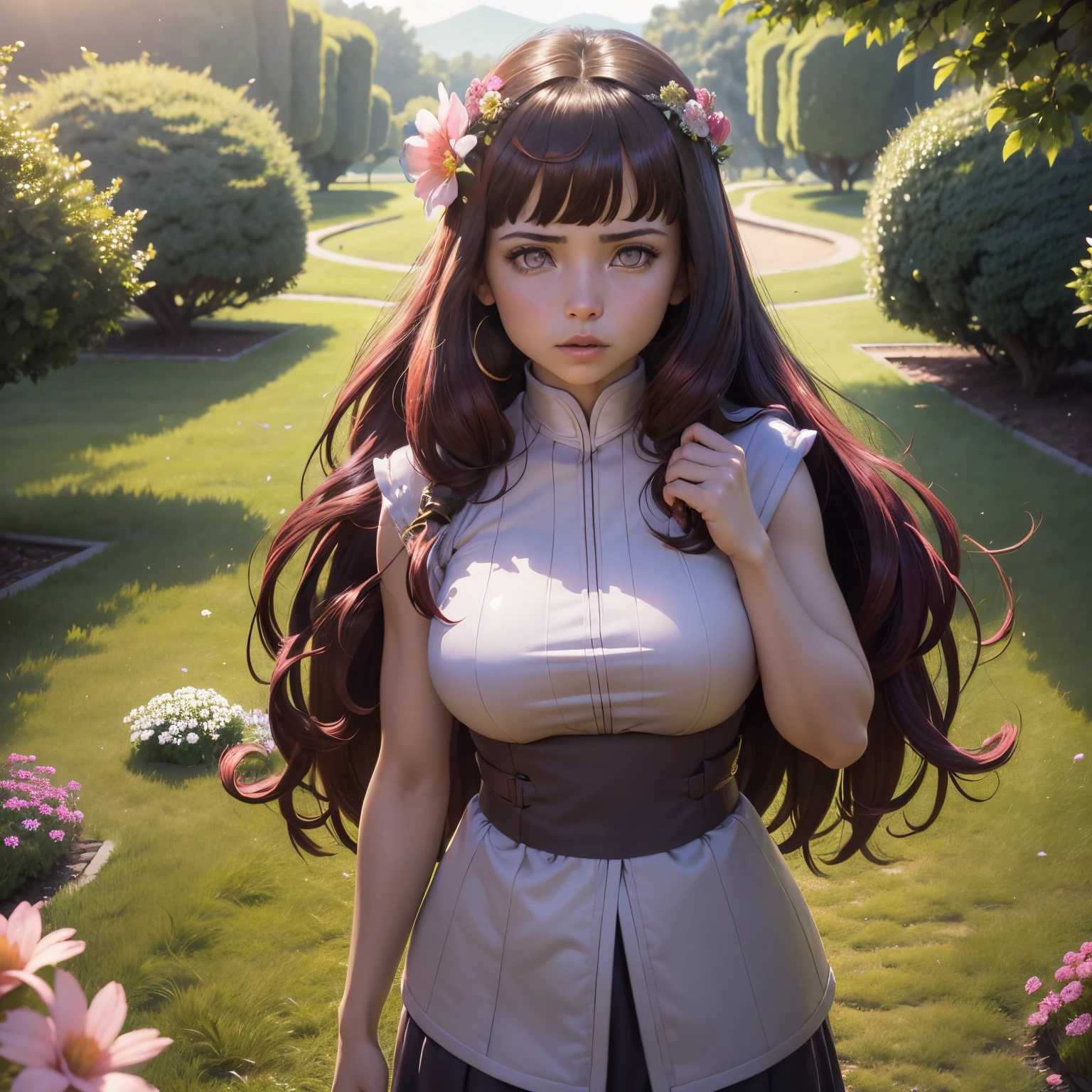 (best quality,4k,8k,Altas,master part:1.2),ultra-detalhado,retrato,Menina ninja,belos olhos detalhados,longos cabelos escuros,fierce expression,vestido branco,ajoelhado em um jardim sereno,Brisa suave,delicadas flores de cerejeira,luz solar sutil,bochechas rosadas,postura graciosa,poder oculto,soft and delicate brushing,cores vibrantes,ethereal atmosphere.