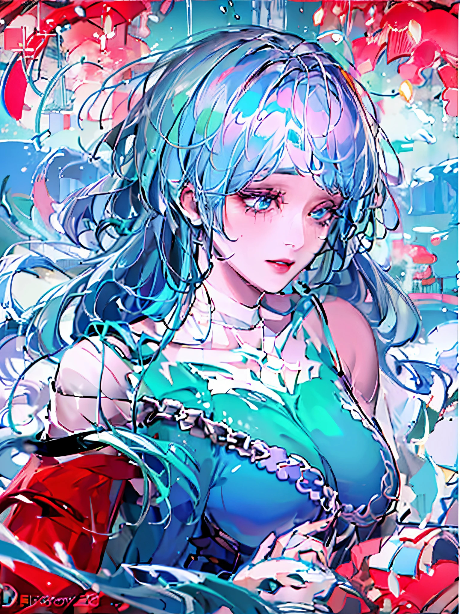 "(best quality,highres:1.2),ultra-detailed,(realistic:1.37),lifestyle scene,(portrait,anime),(full color:1.1),(cyan hair:1.1),(lingerie clothes:1.1),vibrant colors,soft lighting,nature background"