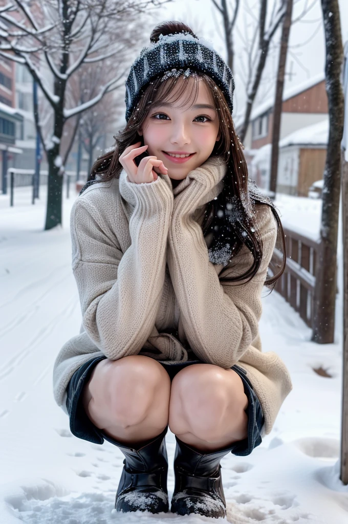 Winters,snow landscape,Beautiful teenage girl,lacepantyhose,Red,Sweatshirt,short skirt,围巾,depth of fields,Real light,Ray traching,OC renderer,UE5 renderer,Hyper-realistic,best qualtiy,8K,Works of masters,super-fine,Detailed pubic hair,Correct anatomy,Full body photo,Squat on one knee