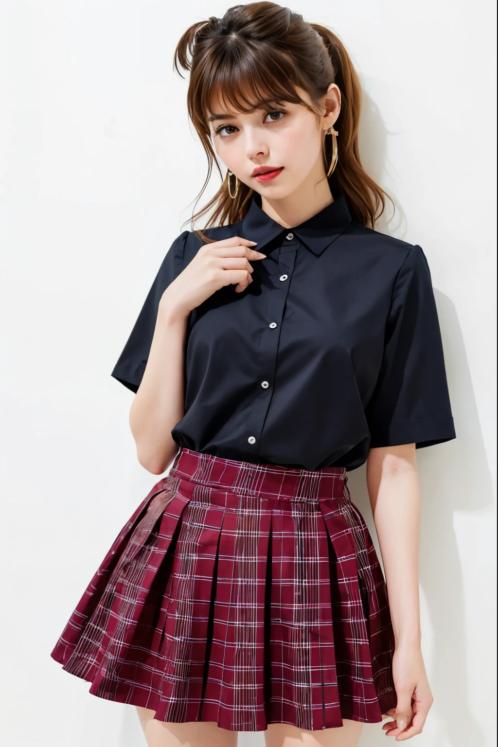 masterpiece, best quality, full body, 1girl, bangs, black choker, black necktie, black hair, blue skirt, blush, bracelet, breasts, choker, clothes around waist, collarbone, collared shirt, cowboy shot, dress shirt, ear piercing, eyebrows visible through hair, gradient hair, grin, gyaru, jewelry, kogal, long hair, looking at viewer, loose necktie, necktie, piercing, plaid, plaid skirt, pleated skirt, red eyes, ring, school uniform, shirt, skirt, smile, solo, white shirt, street, sky, cherry blossoms, petals,illustration, (magazine:1.4), (cover-style:1.3), fashionable, woman, vibrant, outfit, posing, front, colorful, dynamic, background, elements, confident, expression, holding, statement, accessory, majestic, coiled, around, touch, scene, text, cover, bold, attention-grabbing, title, stylish, font, catchy, headline, larger, striking, modern, trendy, focus, fashion,
