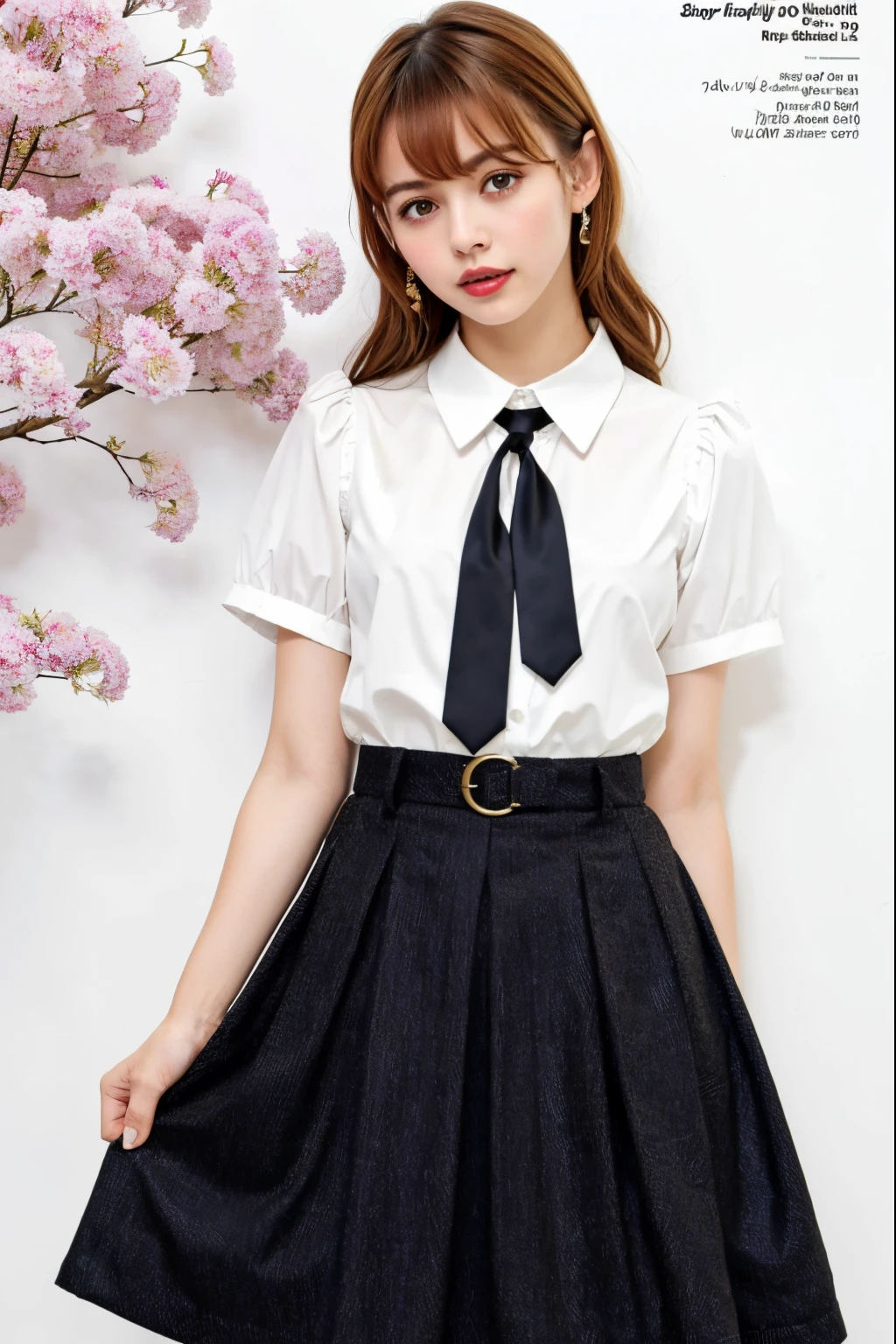 masterpiece, best quality, full body, 1girl, bangs, black choker, black necktie, black hair, blue skirt, blush, bracelet, breasts, choker, clothes around waist, collarbone, collared shirt, cowboy shot, dress shirt, ear piercing, eyebrows visible through hair, gradient hair, grin, gyaru, jewelry, kogal, long hair, looking at viewer, loose necktie, necktie, piercing, plaid, plaid skirt, pleated skirt, red eyes, ring, school uniform, shirt, skirt, smile, solo, white shirt, street, sky, cherry blossoms, petals,illustration, (magazine:1.4), (cover-style:1.3), fashionable, woman, vibrant, outfit, posing, front, colorful, dynamic, background, elements, confident, expression, holding, statement, accessory, majestic, coiled, around, touch, scene, text, cover, bold, attention-grabbing, title, stylish, font, catchy, headline, larger, striking, modern, trendy, focus, fashion,