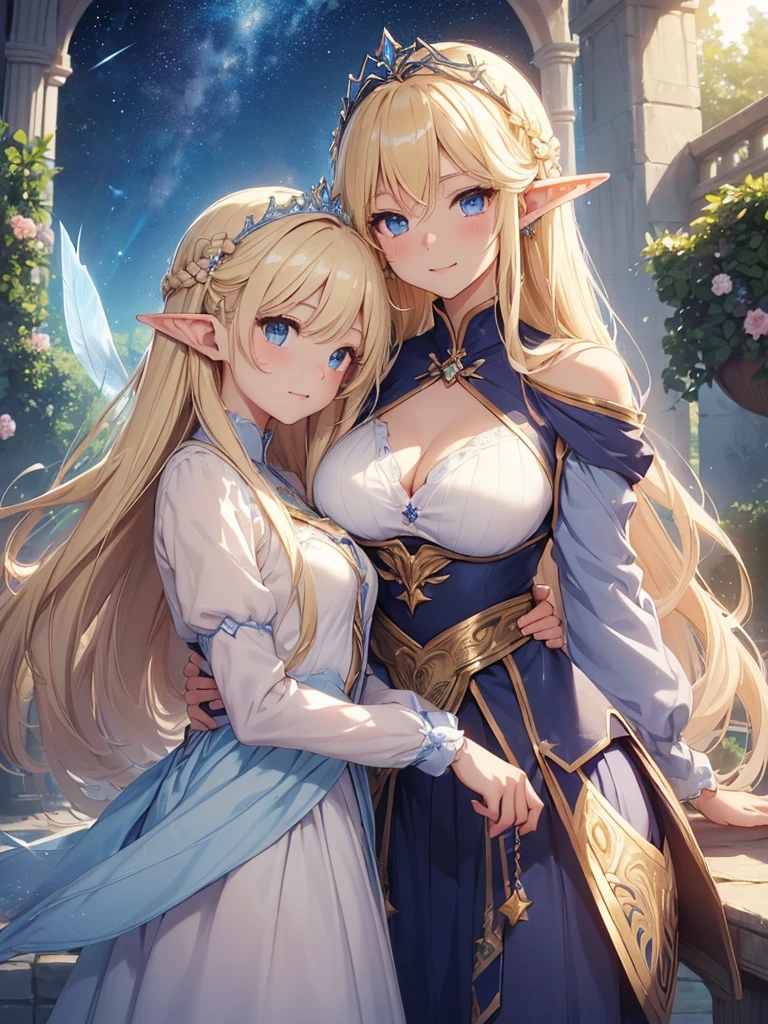 top-quality、Top image quality、masterpiece、girl with((20yr old、Best Bust、big bast、Bust 90,Beautiful blue eyes、,Blonde long hair、A slender、Fairy feathers、flying though the air、a closeup、Esbian、Floating in the light、beautiful tiara、hiquality、Beautiful Art、Background with((starrysky)))masutepiece、visualart、depth of fields、sky at night、Mother and 、low angles、、Elven ears、Feathers glow in iridescent colors、light magic、kosmos、mid night、harp melody🎵、Fun Concerts、Happy smile、Gentle light、Emitting a magical light、Beautiful skins、beutiful breast、beautiful skirt、accurate fingers、Exact finger count、Beautiful flower garden.nffsw、Deities々Right