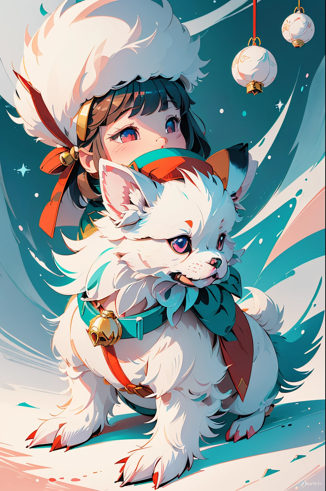 3D vector art、Colorful cute white pekingese dog、dog is wearing a christmas hat、dog has a bell&#39;Collar、 cute christmas present, dog is fluffy、Ultra-realistic high quality,  Cute and quirky, Fantasy Art, Watercolor effect、little girl hugging a dog