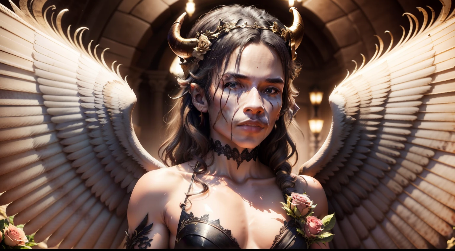 (Very detailed 8K wallpapers), Medium plan,(master part, Qualidade Superior, melhor qualidade), (headband),Statue with wings and roses on the chest and wings around the body, Satuia grega,female,com um fundo escuro, Bastien L. Deharm, arte sombria, marble carving, gothic art, Altamente detalhado, Dramatic,horns on head,lilith, hell queen.