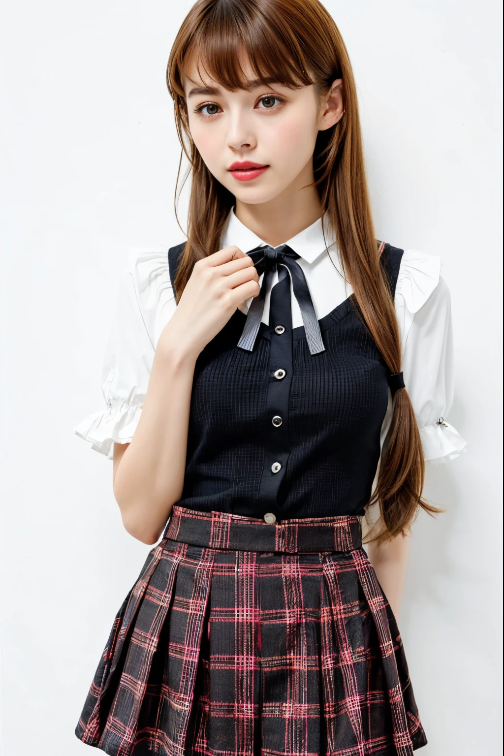masterpiece, best quality, full body, 1girl, bangs, black choker, black necktie, black hair, blue skirt, blush, bracelet, breasts, choker, clothes around waist, collarbone, collared shirt, cowboy shot, dress shirt, ear piercing, eyebrows visible through hair, gradient hair, grin, gyaru, jewelry, kogal, long hair, looking at viewer, loose necktie, necktie, piercing, plaid, plaid skirt, pleated skirt, red eyes, ring, school uniform, shirt, skirt, smile, solo, white shirt, street, sky, cherry blossoms, petals,illustration, (magazine:1.4), (cover-style:1.3), fashionable, woman, vibrant, outfit, posing, front, colorful, dynamic, background, elements, confident, expression, holding, statement, accessory, majestic, coiled, around, touch, scene, text, cover, bold, attention-grabbing, title, stylish, font, catchy, headline, larger, striking, modern, trendy, focus, fashion,