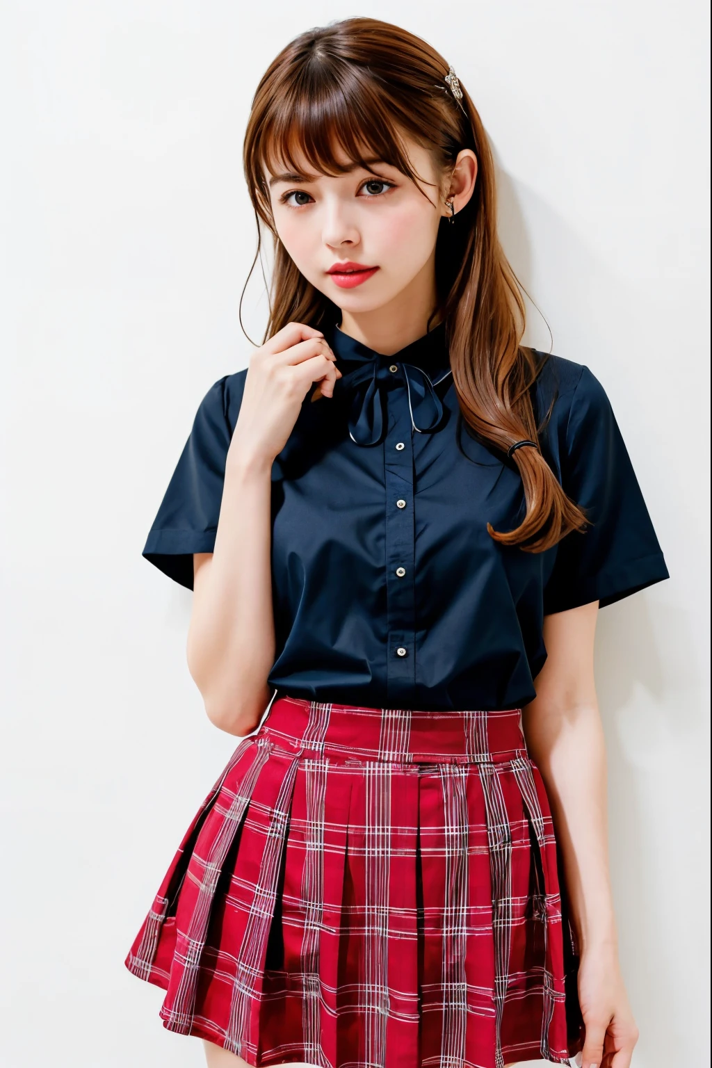 masterpiece, best quality, full body, 1girl, bangs, black choker, black necktie, black hair, blue skirt, blush, bracelet, breasts, choker, clothes around waist, collarbone, collared shirt, cowboy shot, dress shirt, ear piercing, eyebrows visible through hair, gradient hair, grin, gyaru, jewelry, kogal, long hair, looking at viewer, loose necktie, necktie, piercing, plaid, plaid skirt, pleated skirt, red eyes, ring, school uniform, shirt, skirt, smile, solo, white shirt, street, sky, cherry blossoms, petals,illustration, (magazine:1.4), (cover-style:1.3), fashionable, woman, vibrant, outfit, posing, front, colorful, dynamic, background, elements, confident, expression, holding, statement, accessory, majestic, coiled, around, touch, scene, text, cover, bold, attention-grabbing, title, stylish, font, catchy, headline, larger, striking, modern, trendy, focus, fashion,