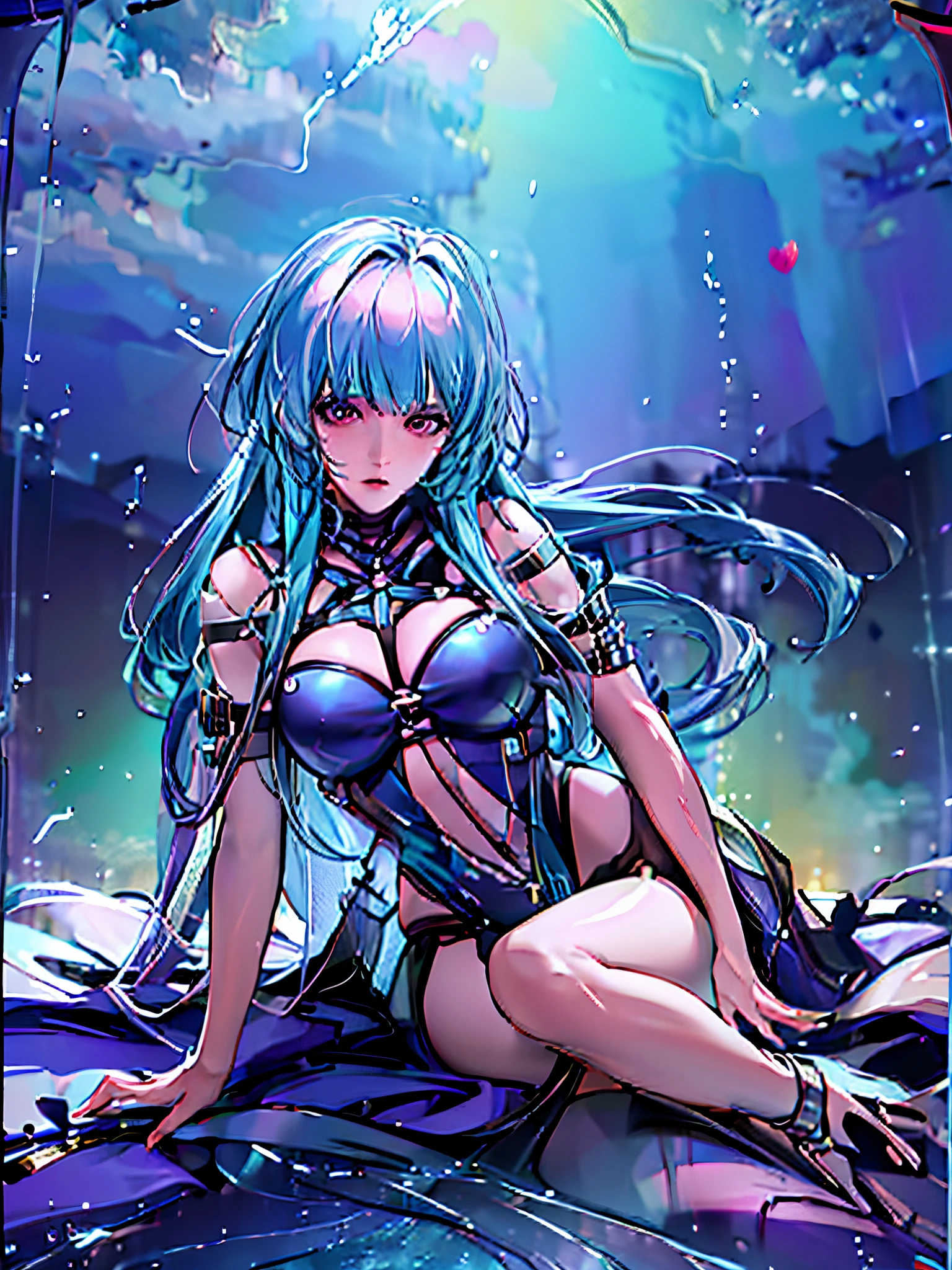"(best quality,highres:1.2),ultra-detailed,(realistic:1.37),lifestyle scene,(portrait,anime),(full color:1.1),(cyan hair:1.1),(lingerie clothes:1.1),vibrant colors,soft lighting,nature background"