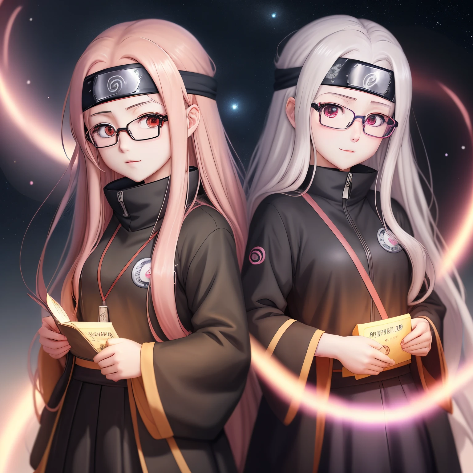 Anime girl with long hair wearing glasses, Anime visuals of a cute girl, style of anime. 8K, pinned in anime, anime vibes, Anime style 4k, Anime cute art style, animeaesthetic, anime girl desktop background, anime visuals, real hair anime girl, ethereal anime, Anime rapunzel girl, a beautiful anime portrait , Japanese cartoon , Naruto, Naruto Anime, Write wheel eye background, during night, Dark , Writing wheel eyes , Wearing Naruto headband