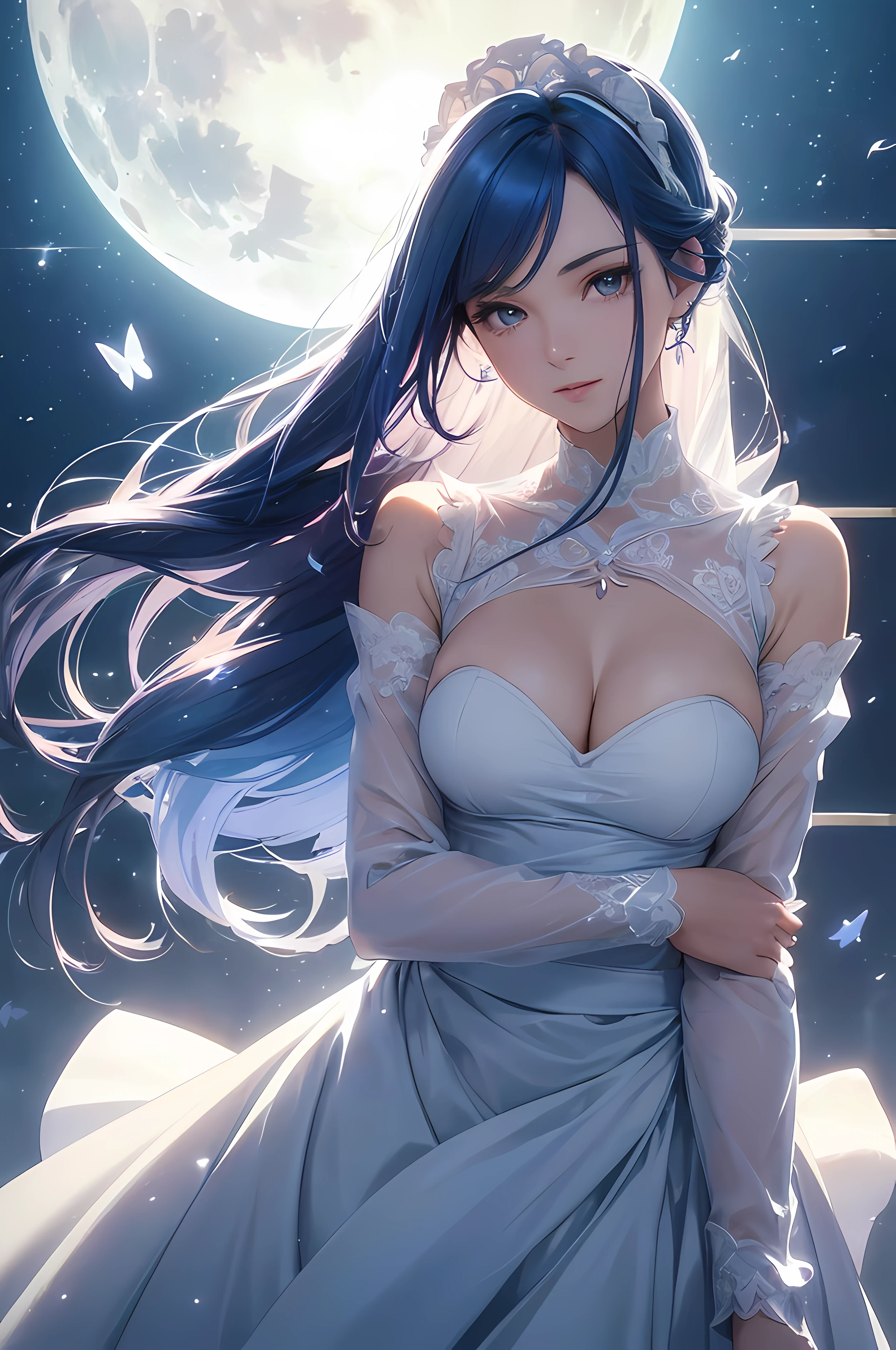A beautiful woman, ((( maid))), ((perfect body figure, beautiful face, beautiful face, milf, age 46, royal, soft blue color hair, ponytail hair style, beautiful skin, Extremely details hair, fine details)), (((cinematic lighting, beautiful lighting effect, creative design, full body frame, divine aura, hard harmony , shining moonlight, perfect color transition, perfect balance of contrast, perfect color layer, perfectly smooth color blur, soft rendering, smooth color stroke, moon glare, optic lens, moonlight ray, soft colors, smooth colors blend, perfect color rendering, harmony, perfect color harmony, beautiful color, soft harmony, light particles, perfect details, intricate details, color prism, fine details, refine details))), Tachibana Omina art style, affectionate eyes, half a smile, slightly open mouth, a gentle expression on his face, top of mountain, breeze and moonlight in the background, butterflies in the sky, realism, ((Best quality))),8k,((Masterpiece)),(Extremely refined and beautiful)