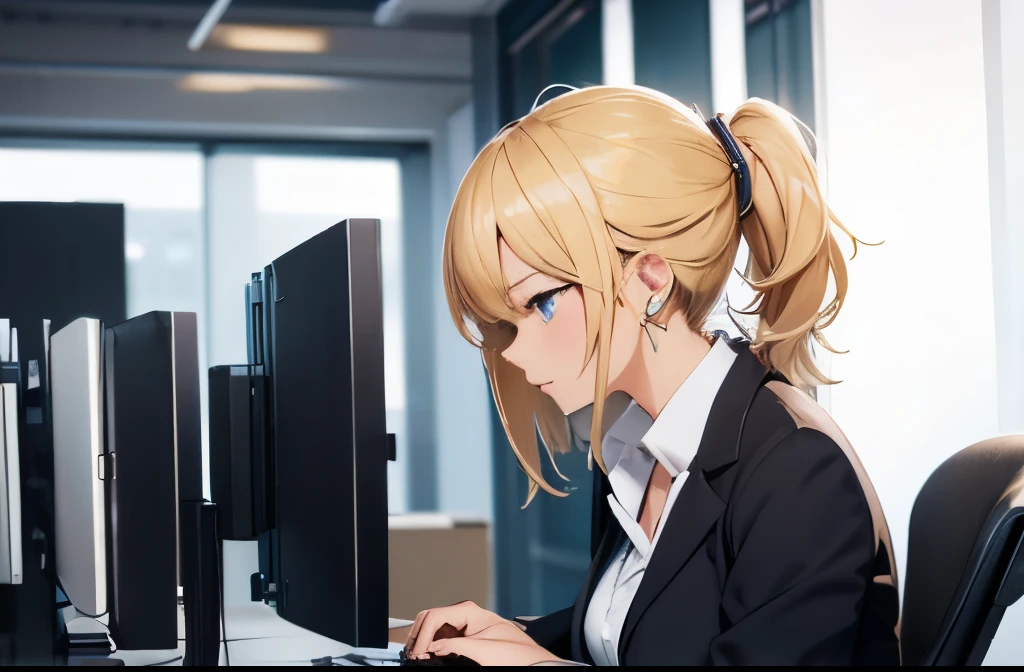 Office lady working on a computer at her office desk、1girl in,  profile,  blonde hair