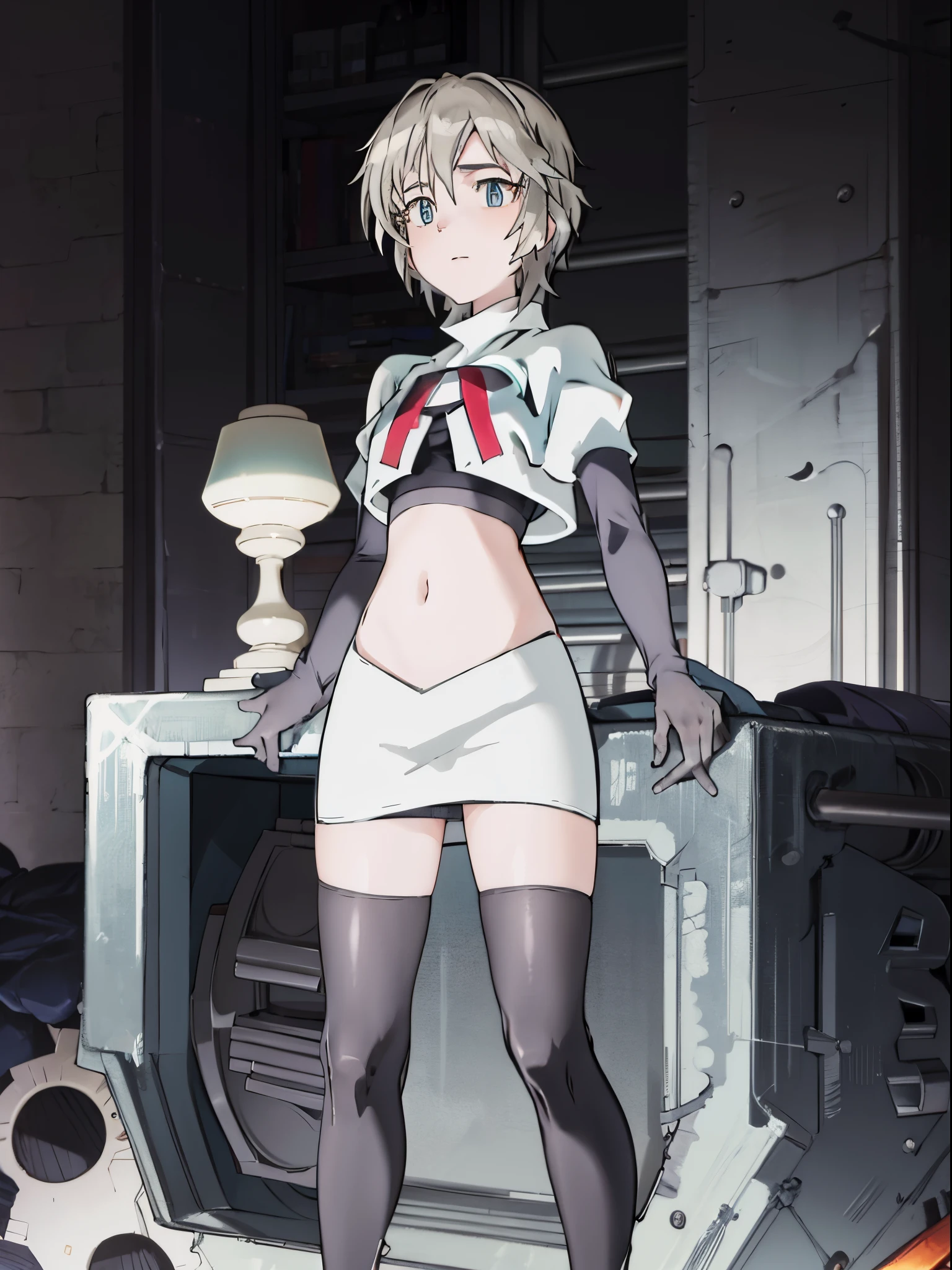 anastasia, team rocket,team rocket uniform, red letter R, white skirt,white crop top,black thigh-highs,black elbow gloves