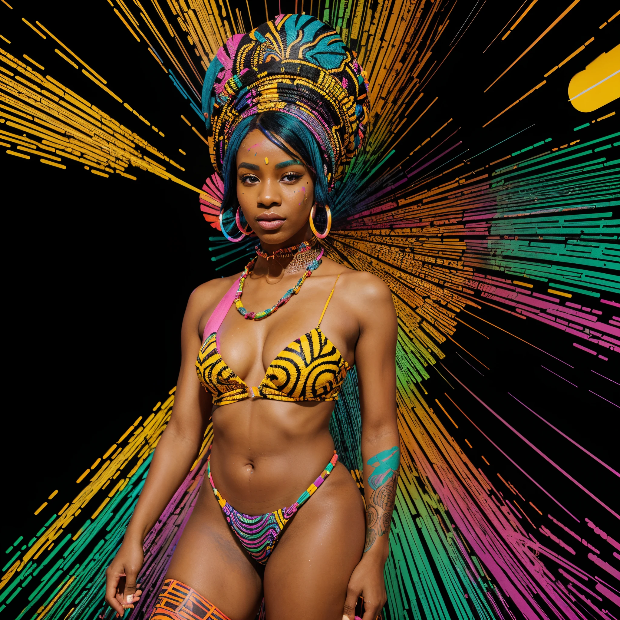 Full body shot of bold neon colors, cartoon style illustration of a Work process of UX Design as an African woman dressed in African designed clothes with African beads and African designed headress, sees the world while experiencing hallucinations, stoned, splash art, splashed neon colors, (iridiscent glowy smoke) ((motion effects)), best quality, wallpaper art, UHD, centered image, MSchiffer art, ((flat colors)), (cel-shading style) very bold neon colors, ((high saturation)) ink lines, psychedelic environment