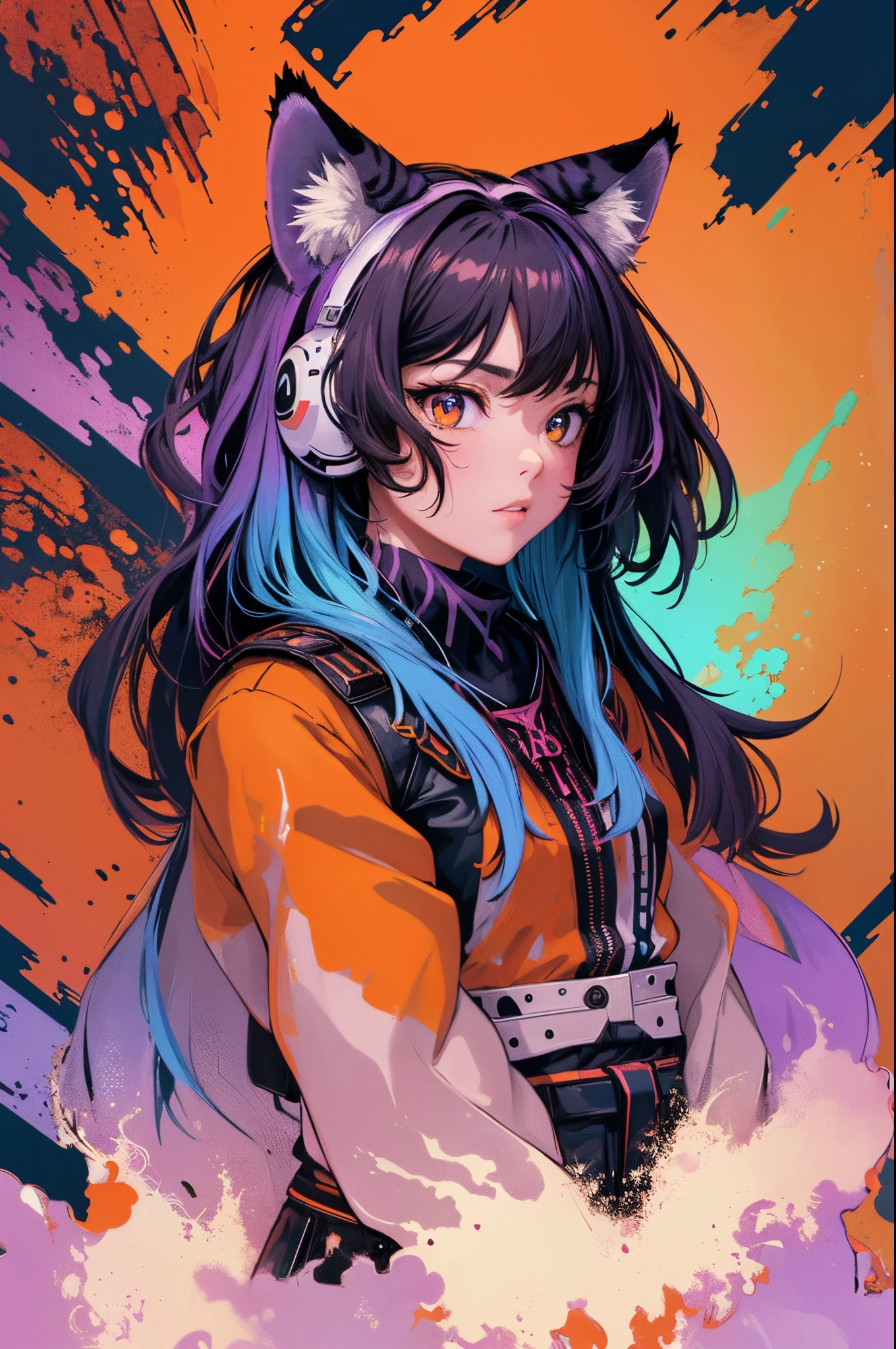 (masterpiece:1.1), (highest quality:1.1), (HDR:1.0), extreme quality, cg, (negative space), detailed face+eyes, 1girl, fox ears, animal ear fluff, (plants:1.18), (fractal art), (bright colors), splashes of color background, colors mashing, paint splatter, complimentary colors, neon, (thunder tiger), compassionate, electric, limited palette, synthwave, fine art, tan skin, upper body, (purple and orange:1.2), time stop