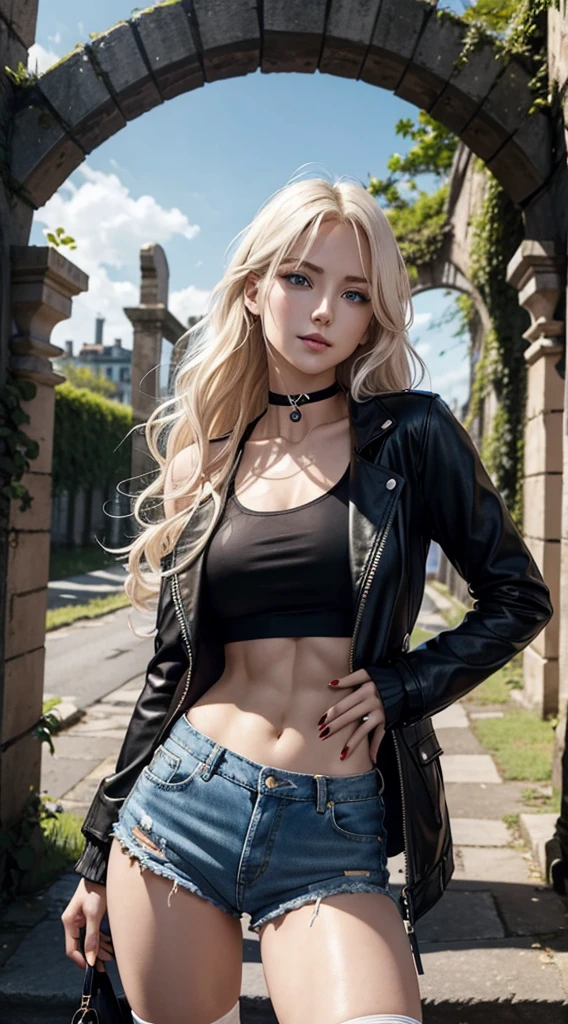 A 23-year-old white woman with unparalleled beauty.、blue eyess、platinum-blonde、White skin、hair is wavy、Longhaire、The ends of the hair are curled upwards、The ivy-covered ruins are standing in front of the arch gate with both hands on their hips.、a smile、View from the front、wearing black tanktop、wearing a black choker、I&#39;m wearing hot pants made of jeans fabric with tight distressing.、The navel is out、My abs are cracked、Slender yet well-proportioned muscular body、sunlight is shining from above、Photorealistic images、8K picture quality、I&#39;m punching my chest、I don&#39;t want my head to disappear from the screen.、The color of the jacket is random、I&#39;m wrapping my jacket around my waist、I'm pulling my hair up、Wearing accessories on your wrist、Only one leg is wearing thigh-high orange stockings.、wearing red nail polish、Camera angle looking up from the ground