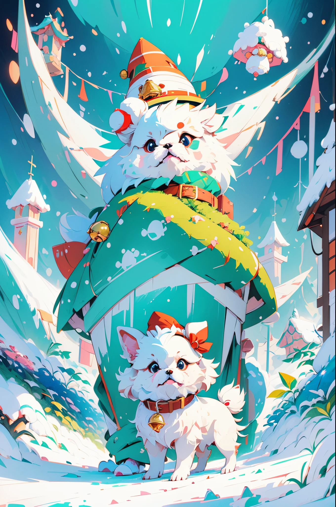 3D vector art、Colorful cute white pekingese dog、dog is wearing a christmas hat、dog has a bell&#39;Collar、 cute christmas present, dog is fluffy、Ultra-realistic high quality,  Cute and quirky, Fantasy Art, Watercolor effect、little girl hugging a dog